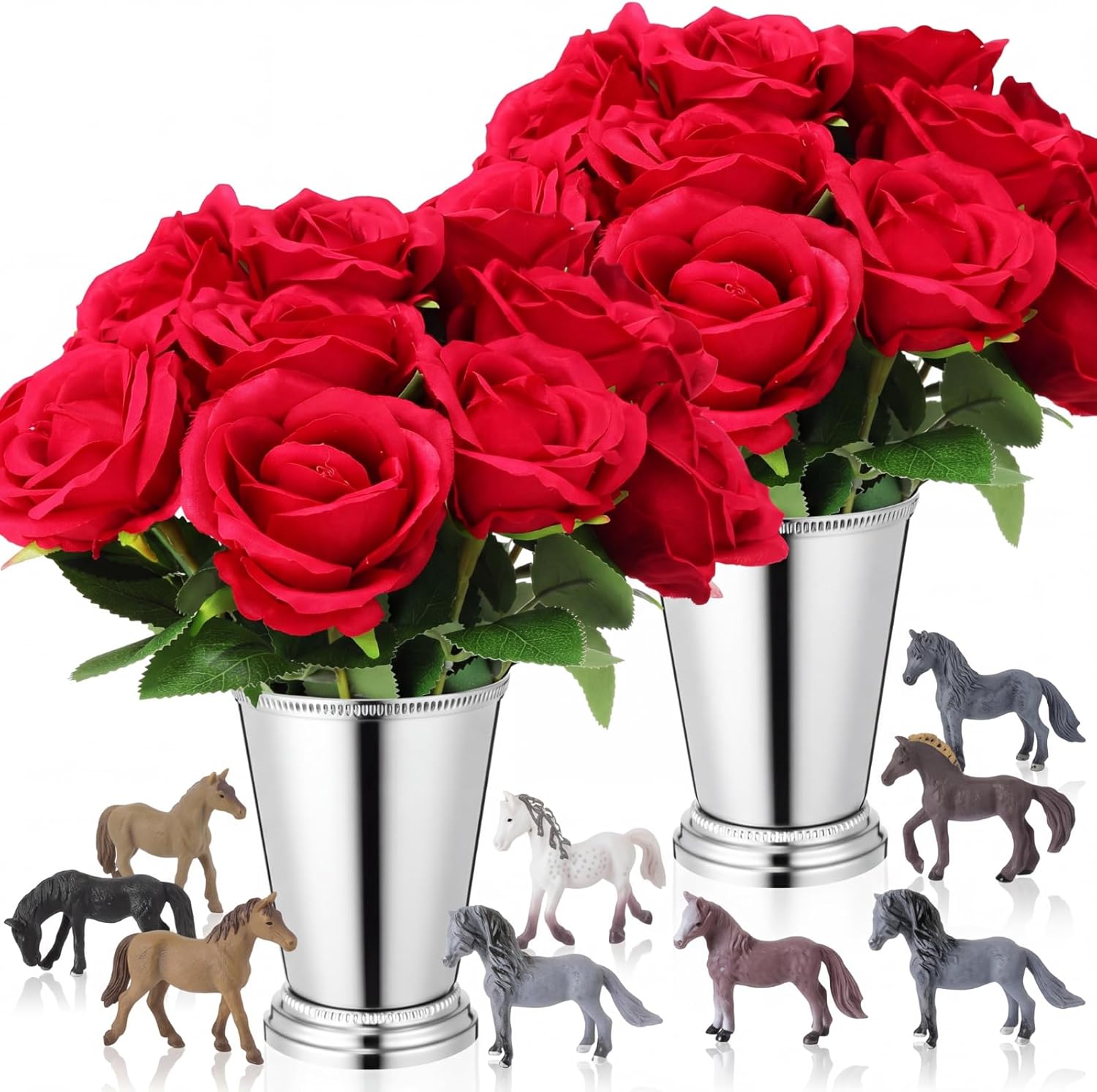 LemonRoad 26 Pcs Derby Day Party Decorations The Rose Centerpieces with Mint Julep Cups and Mini Horses for Horse Racing Party Decor Horse Theme Birthday Supplies