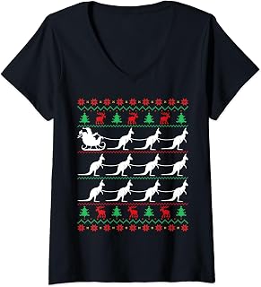Kangaroo Pulls Santa Sleigh Christmas Kangaroo Lover Xmas V-Neck T-Shirt