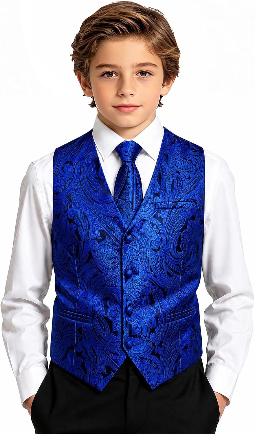 DiBanGu Boys Vest Tie Bowtie Silk Paisley Formal Suit Vest | 4PCS, Vest for Boys, Pre-tied Tie, Clip-on Bowtie, Pocket Square, Age 6-16 Years, Kids Dress Vest Waistcoat, Party