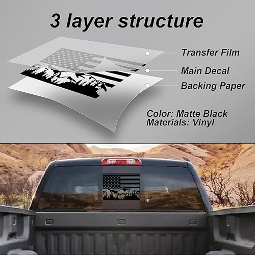 Miniatura 5 de Calcomanía de vinilo para ventana central trasera trasera compatible con Chevy Silverado Sierra 2019-2025 Mountain Scene American Flag (Negro mate)