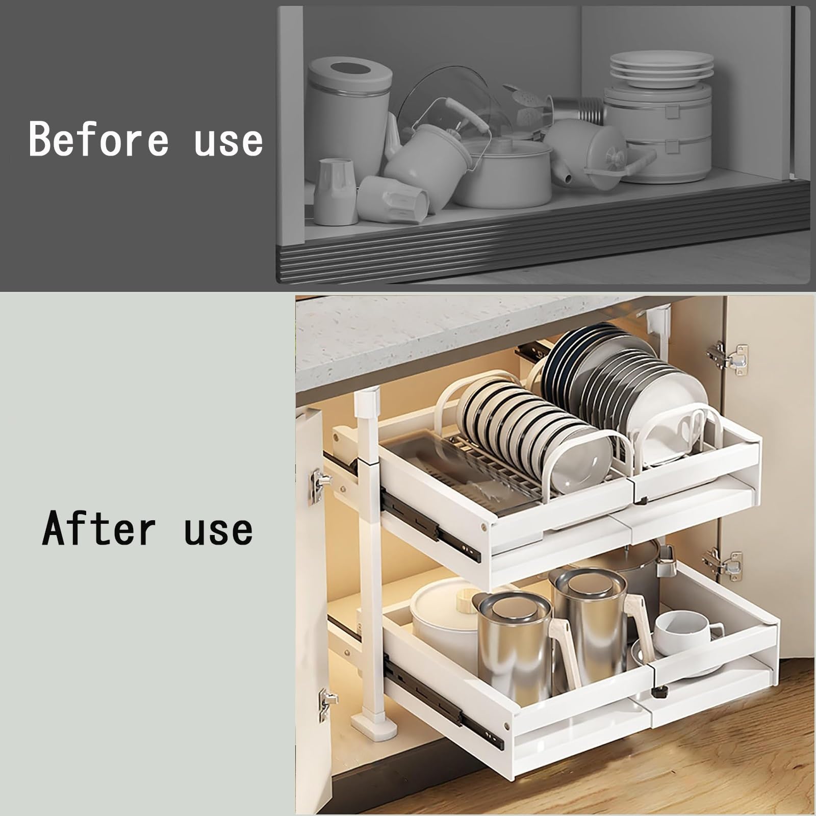 Tiroir De Cuisine Extensible À Deux Niveaux - Largeur Extensible : 49 À 80 Cm, Organiseur Extensible Pour Casseroles Et Poêles Sous L'armoire, Organisateur De Tiroir De Cuisine Sans Perçage(49*42*52.5