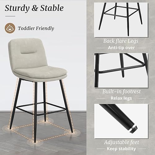 Miniatura 5 de Juego de 3 taburetes de bar, taburetes de bar tapizados de doble capa para isla de cocina, taburetes de bar de piel sintética con respaldo y