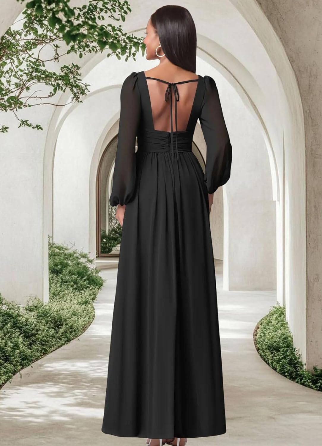 firfig Women Mesh Deep V Neck Open Back Sheer Long Sleeve Slit Leg Bridesmaid Maxi Dress Cocktail Party Wedding Guest Dresses - Image 2