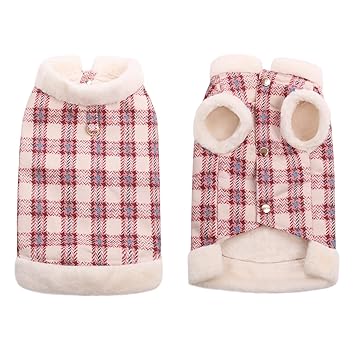 Dasior Dog Thickened Fleece Plaid Jacket Vest, Fur Collar Windproof Winter Coat with Leash Ring for Small Medium Large Dogs M Pink