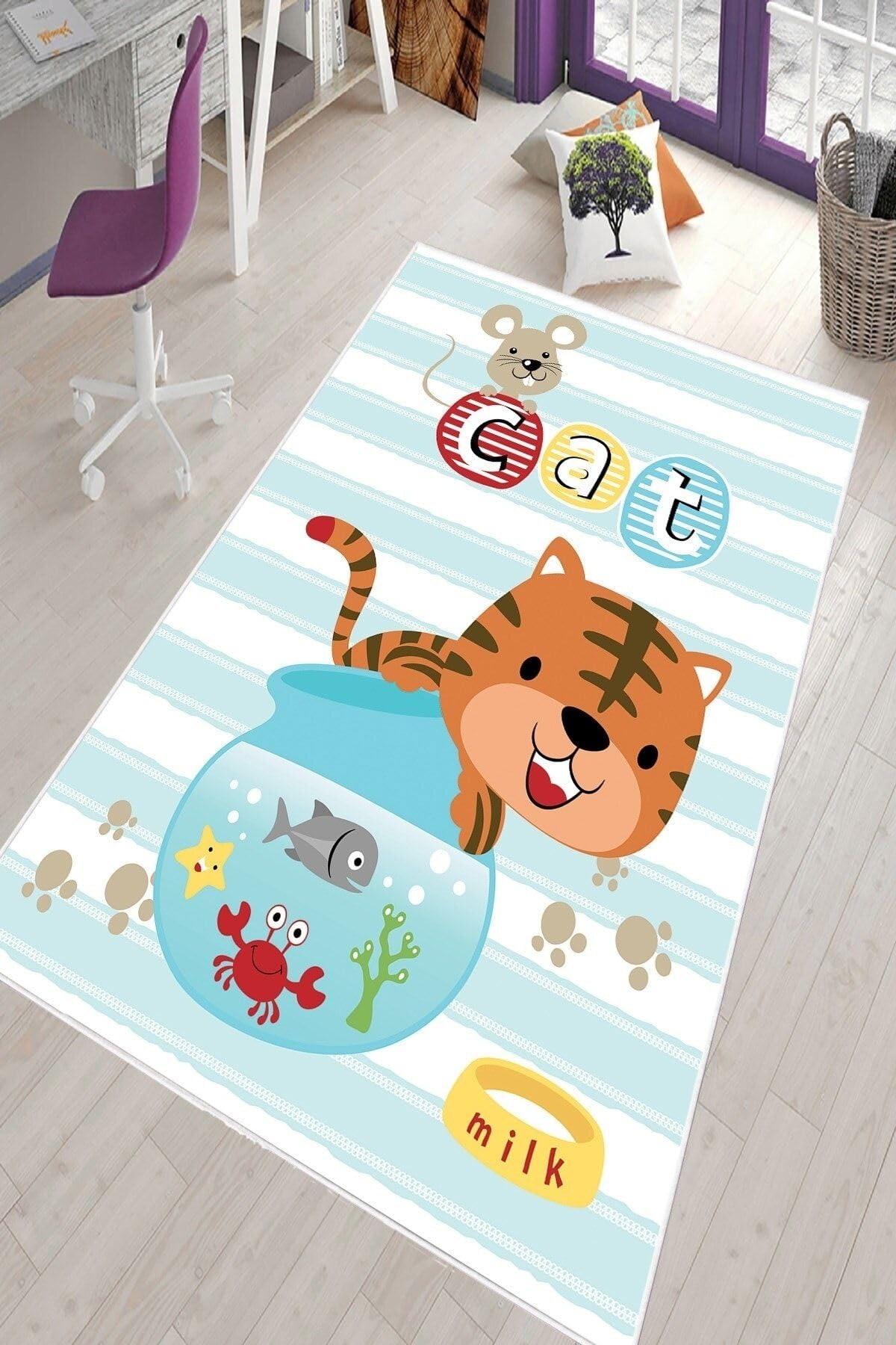 Pelangi Mavi Kedi Desenli Yıkanabilir Kaymaz Taban Leke Tutmazbebek Ve Çocuk Odası Halısı, Mavi 100 x 250
