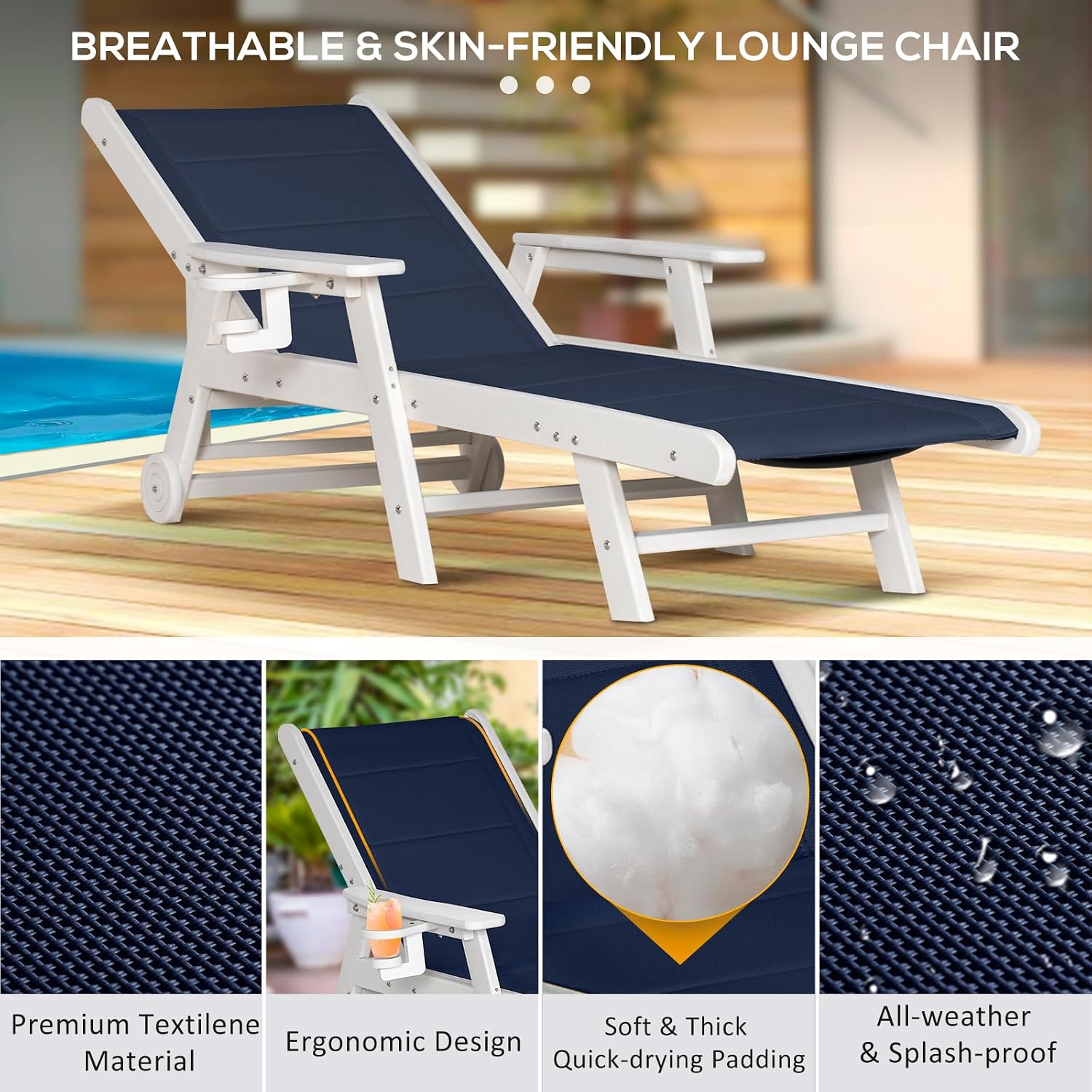 Outdoor Chaise Lounge Chair set of 2, 5-Position Adjustable Patio Lounge Chair with Wheels & Cup Holder, HDPE Pool Lounge Chair with Textilene Surface for Outside, Poolside (Dark Blue+White, 2)