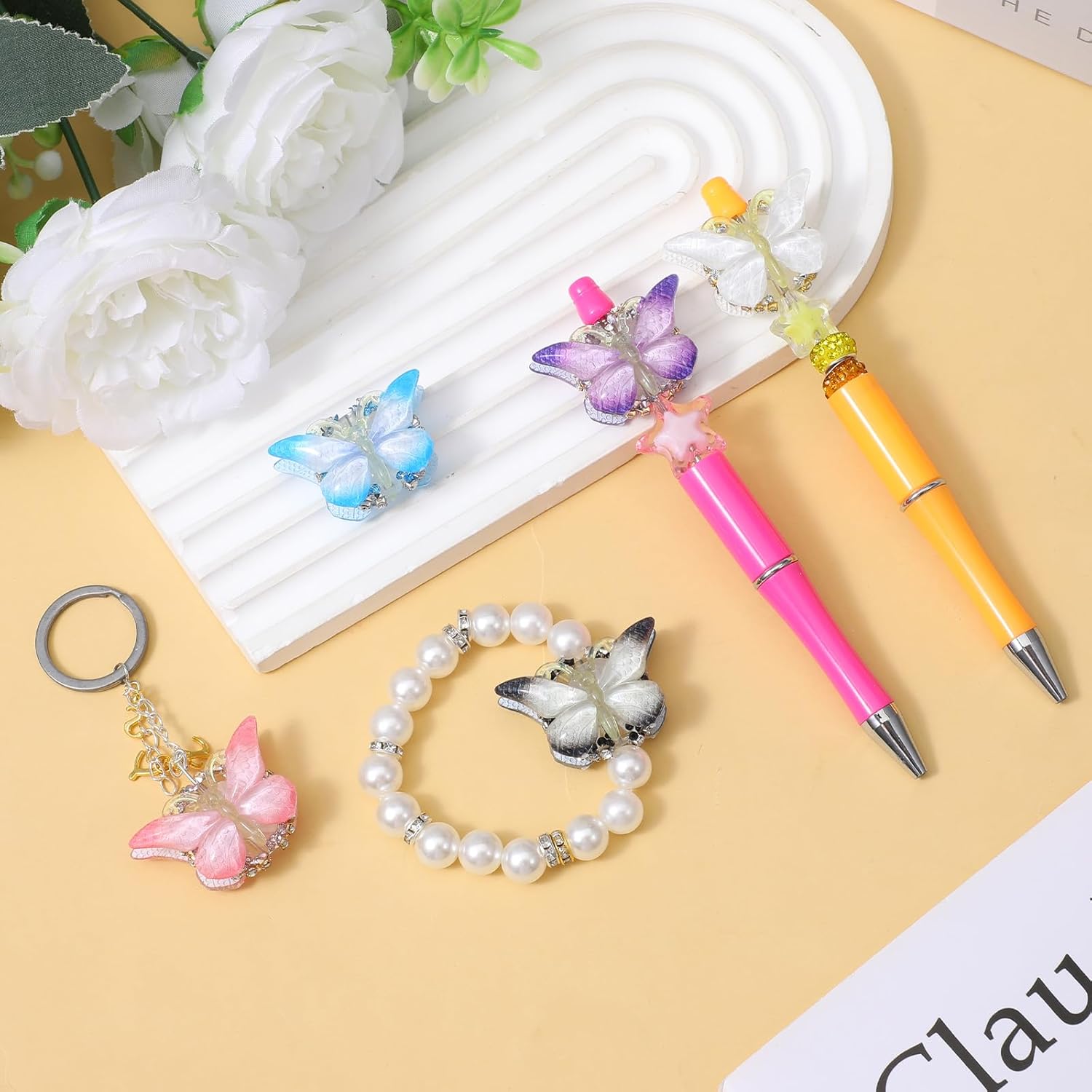 5 PCS Butterfly Focal Beads for Pens, Gradient Rhinestone Beads Pen Making Kit for DIY Fancy Pen Keychains, Craft Supplies Focal Beadable Pens Making - Image 4
