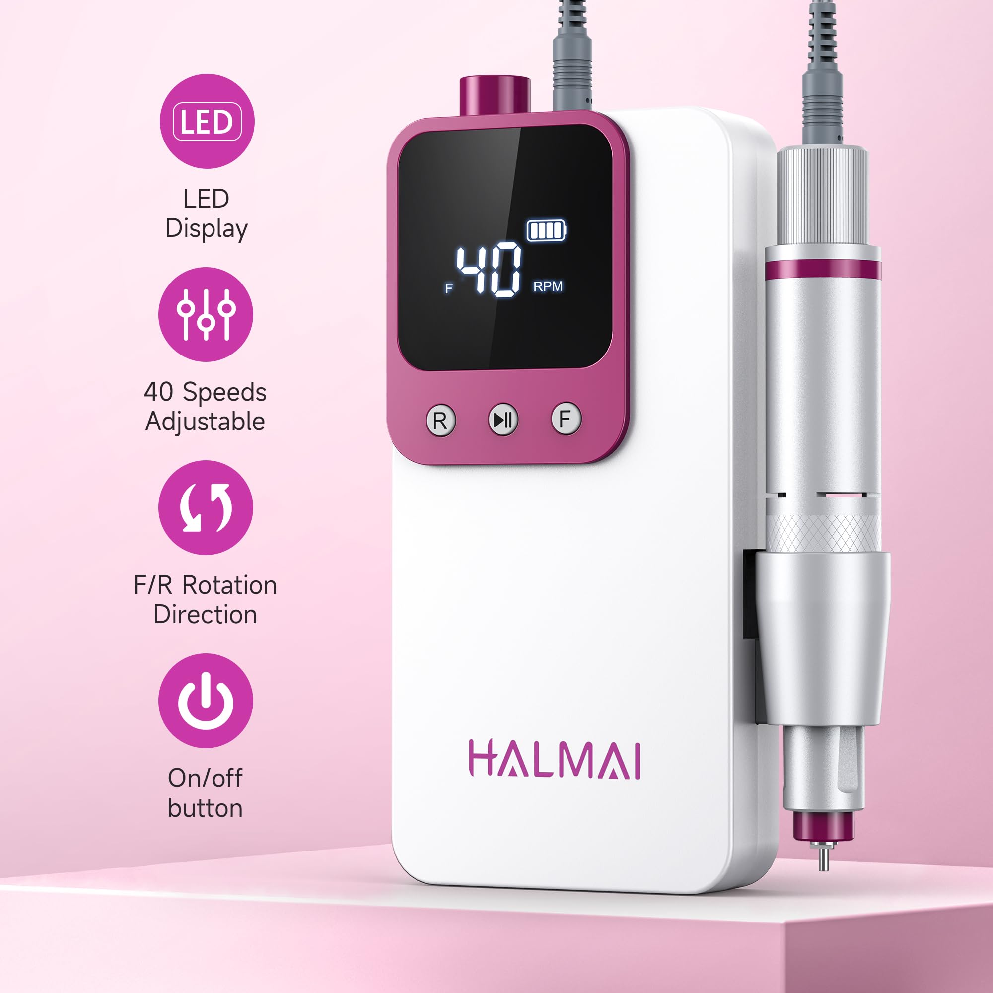 HALMAI fresa per unghie professionale, Limetta portatile per gel acrilico, Kit fresa per unghie ricaricabile a batteria 40000 giri al minuto, HMC320 fresa per unghie di qualità da salone (White)