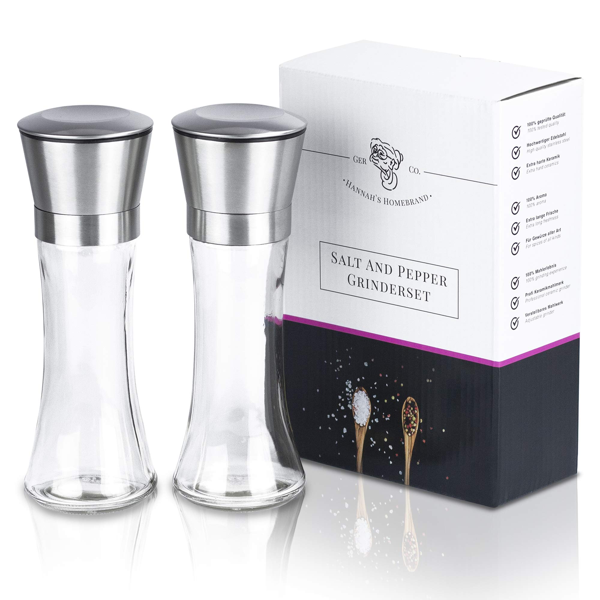 Hannah's Homebrand® Salt and Pepper Mill with Ceramic Grinder (Harder Than Steel) - Modern Salt Mill and Pepper Mill Made of Stainless Steel & Glass - German Brand