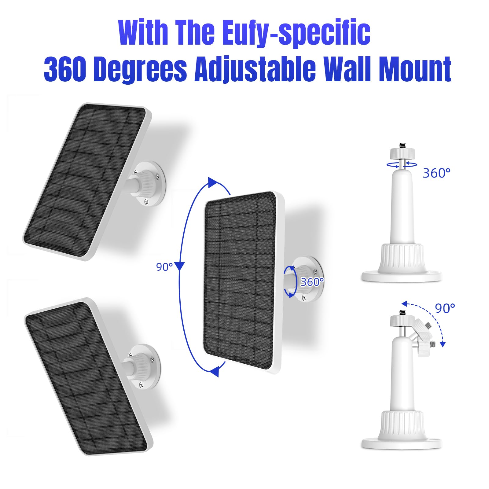 Panneau solaire pour caméra Eufy, chargeur de panneau solaire 5 V 5 W pour eufyCam 2/2 Pro, 2C/2C Pro, projecteur E20/E40, étanche IP67, adaptateur USB-C et micro USB avec support mural réglable à 360