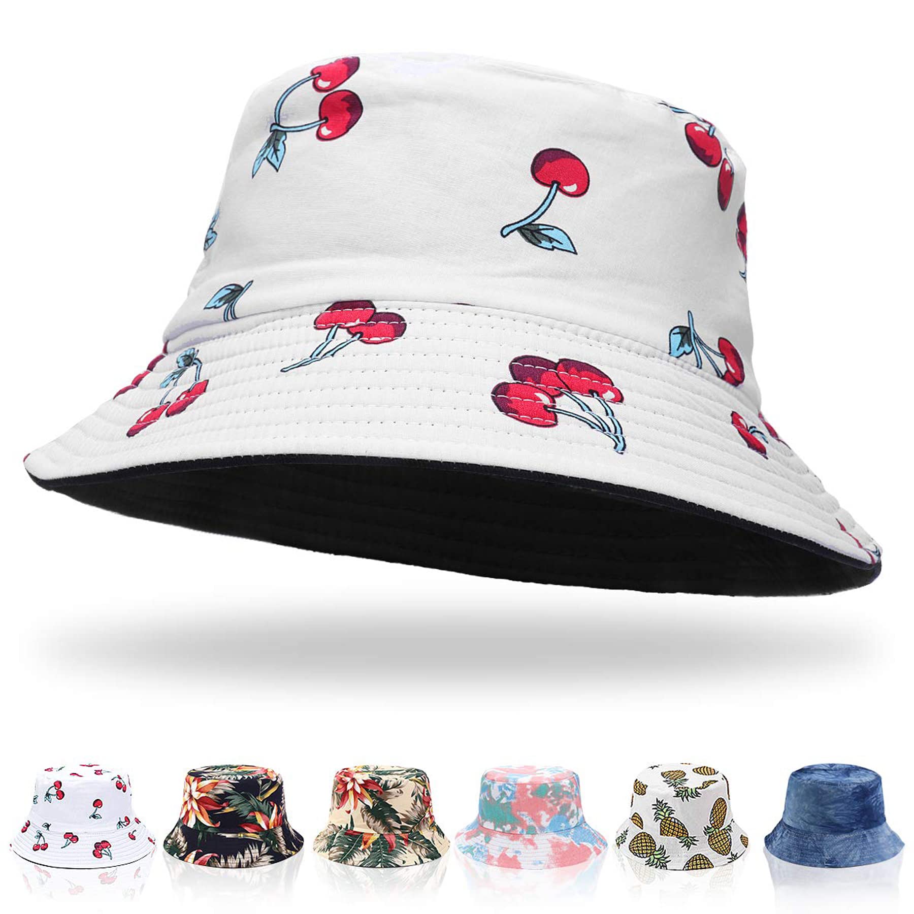 Keho Women's Cherry-White Bucket Hats - Reversible Cotton Summer Beach Sun Hats Foldable Fisherman Hat For Travel Beach Hiking Uk