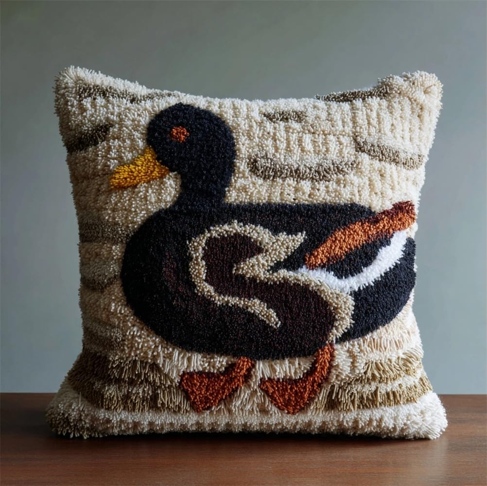 kitphoenix Latch Hook Kits Pillow Black Duck DIY Handmade Cushion Crochet Yarn Embroidery Needlework Hook and Latch Kit Pillowcase Rug Cover Home Sofa Christmas Decoration 17X17Inch
