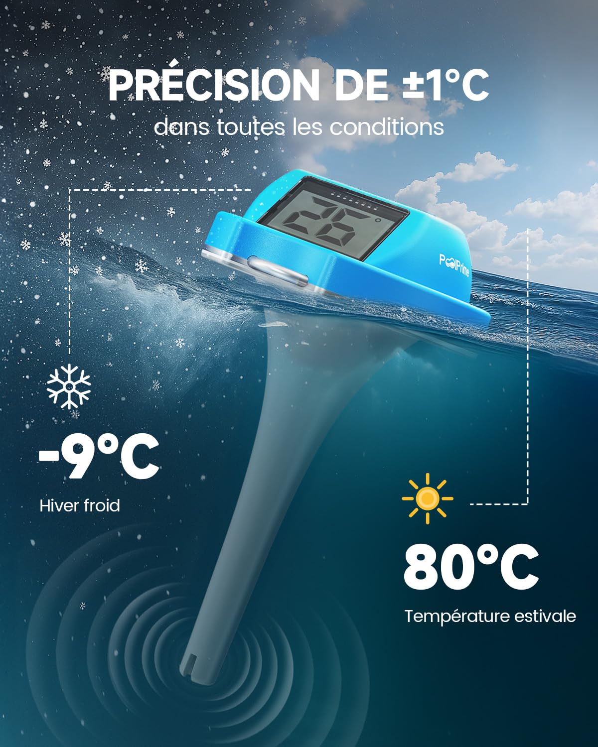 Thermometre Piscine à Double Écran, Lecture Facile, Thermomètre Piscine Flottant avec Affichage Numérique, Étanche IPX7 pour Spas, Bains Froids et Piscines (bleu)