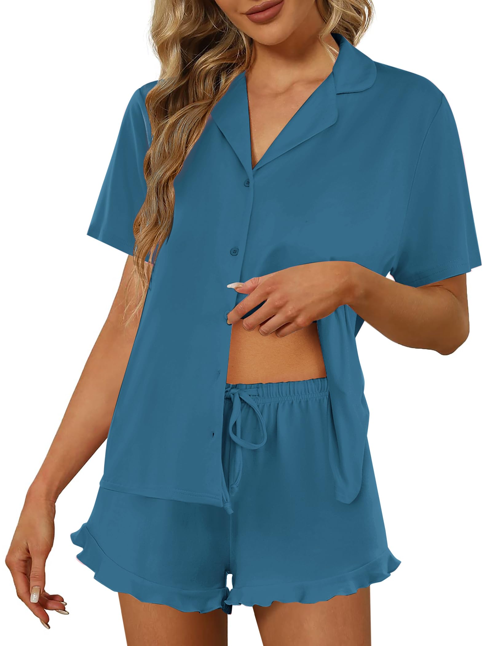 Ekouaer Pajamas Set for Women Short Sleeve Sleepwear Button Down Pjs Lounge Sets Soft Nightwear