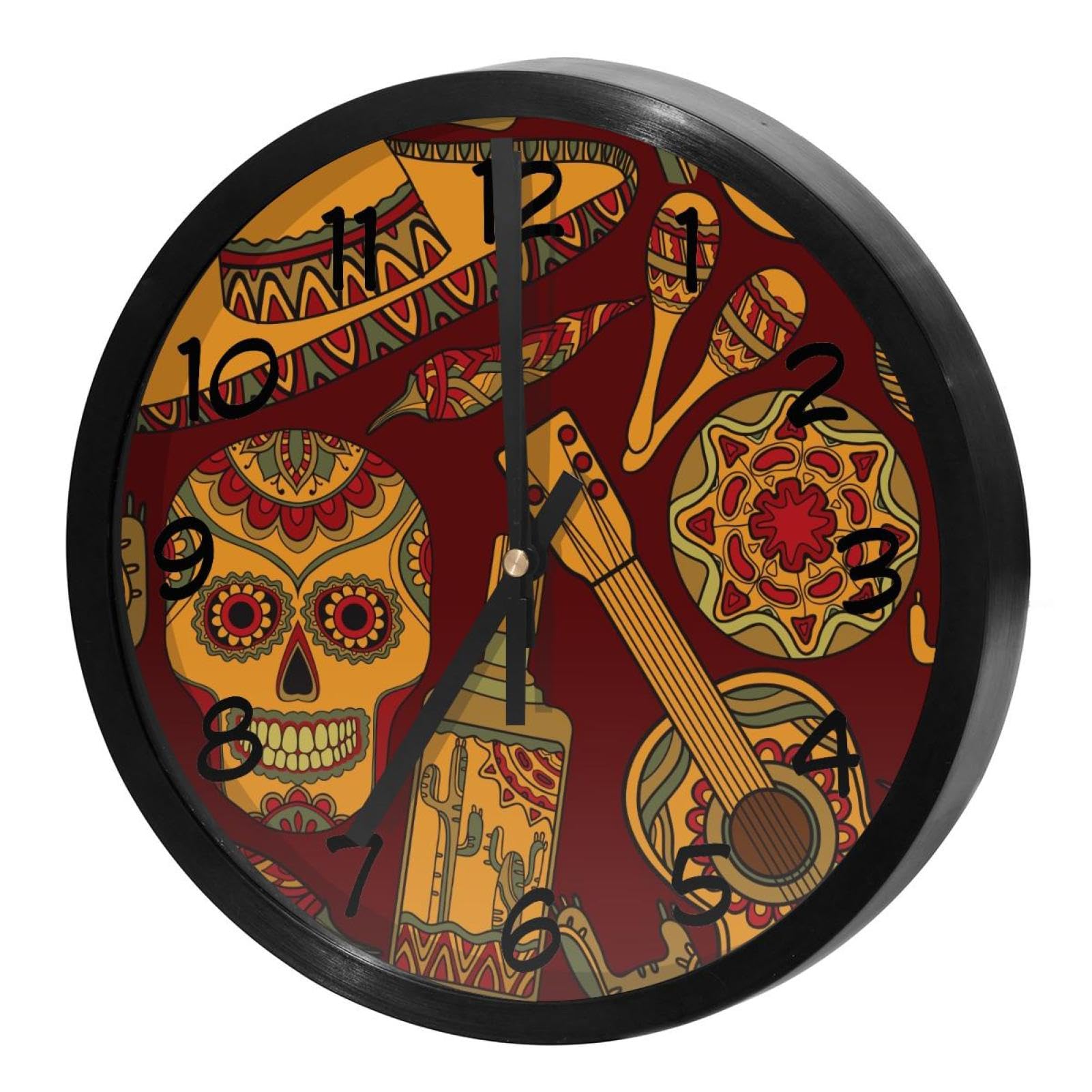 Horloge murale silencieuse mexicaine à quartz avec motif crâne coloré