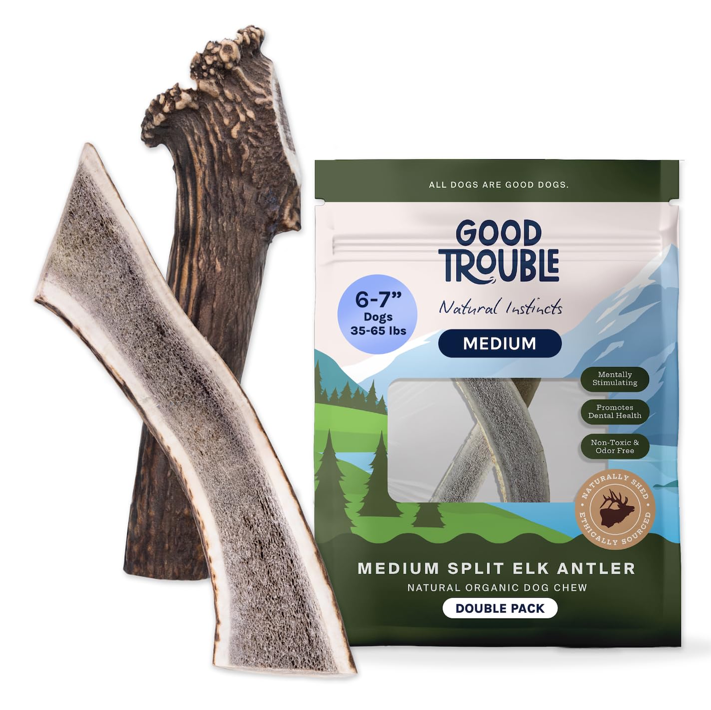 Good Trouble Premium Elk Antlers for Medium Dogs – 2 Pack Split - All-Natural, Shed Antler Chews for Dental Health & Calming - Durable Dog Bones -