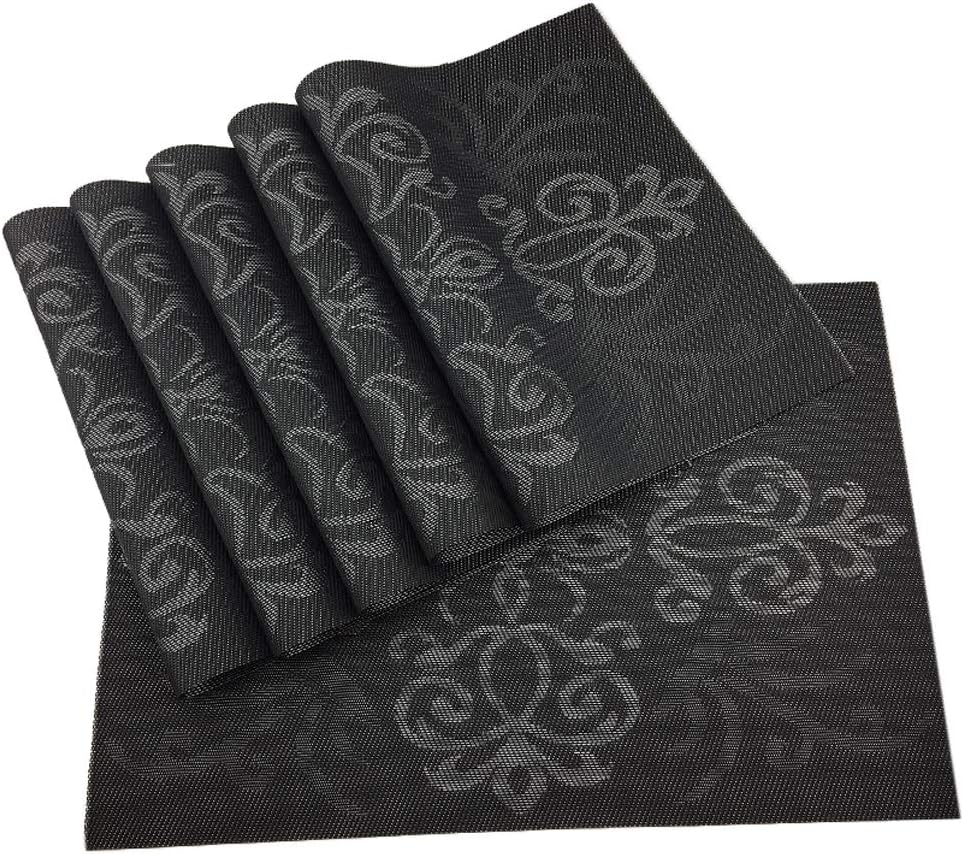 Luxury Black Placemats Set of 6 Crossweave Woven Vinyl Placemat for Dining Table Heat Resistant Non-Slip Kitchen Table Mats Easy to Clean