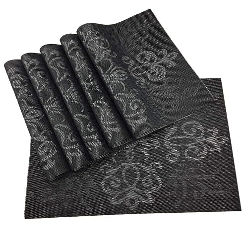 Luxury Black Placemats Set of 6 Crossweave Woven Vinyl Placemat