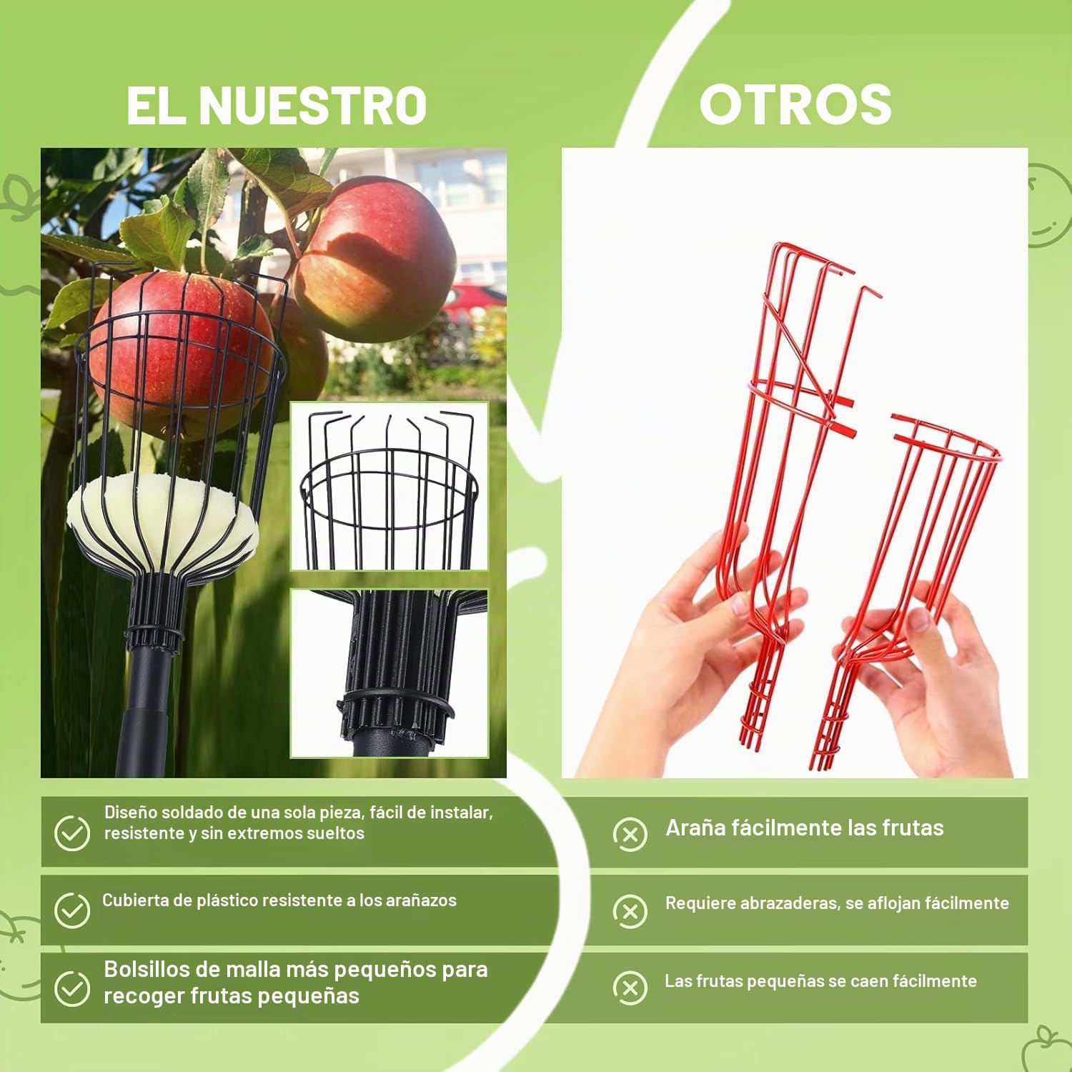 Recogedor de Frutas Ajustable de 115cm a 329cm, Recolector de Frutas, Palo para Recoger Manzanas, Duraznos,Peras