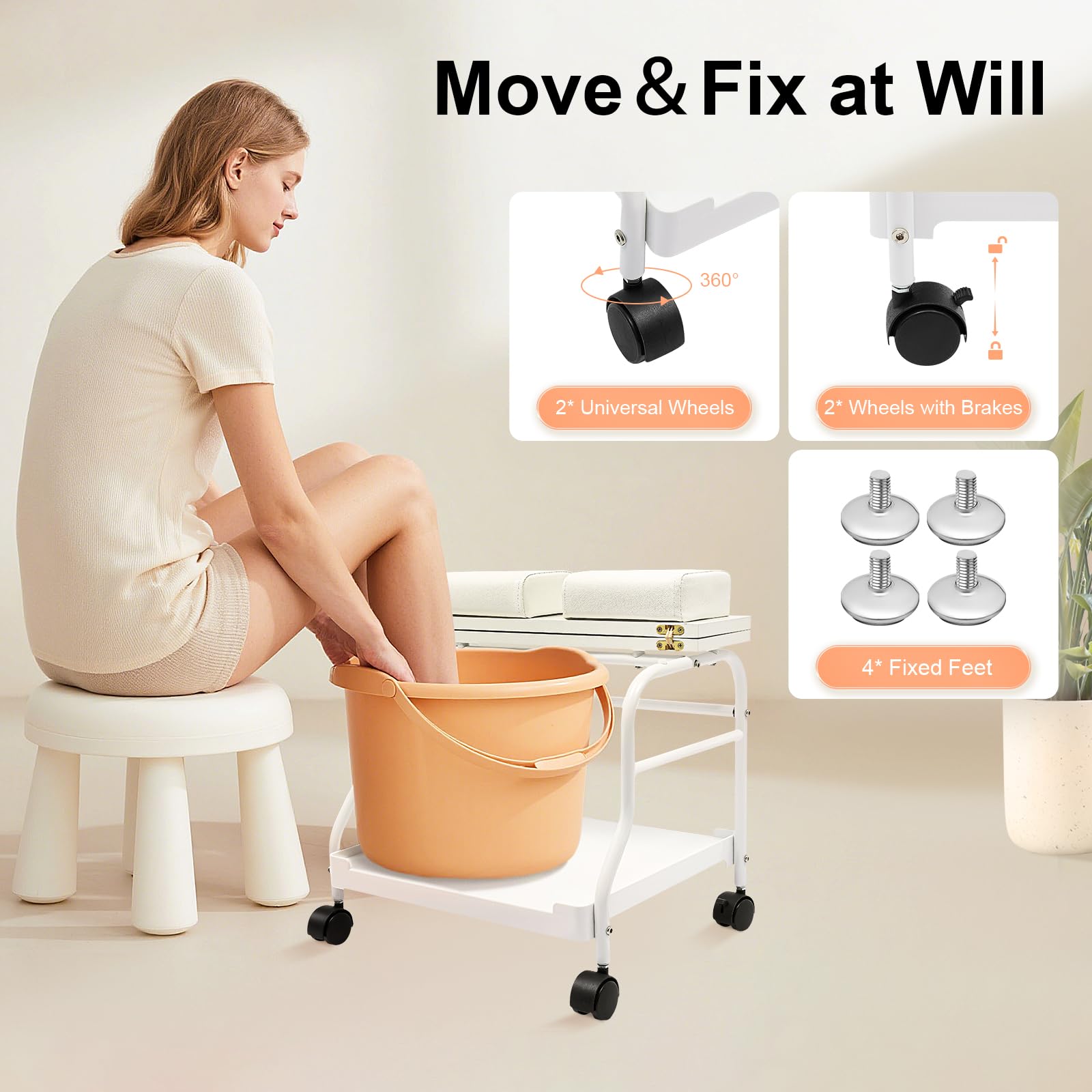 Pediluvio Spa Trolley Portátil para Uñas y Pedicura Carrito Masaje Mesa Salón Blanco