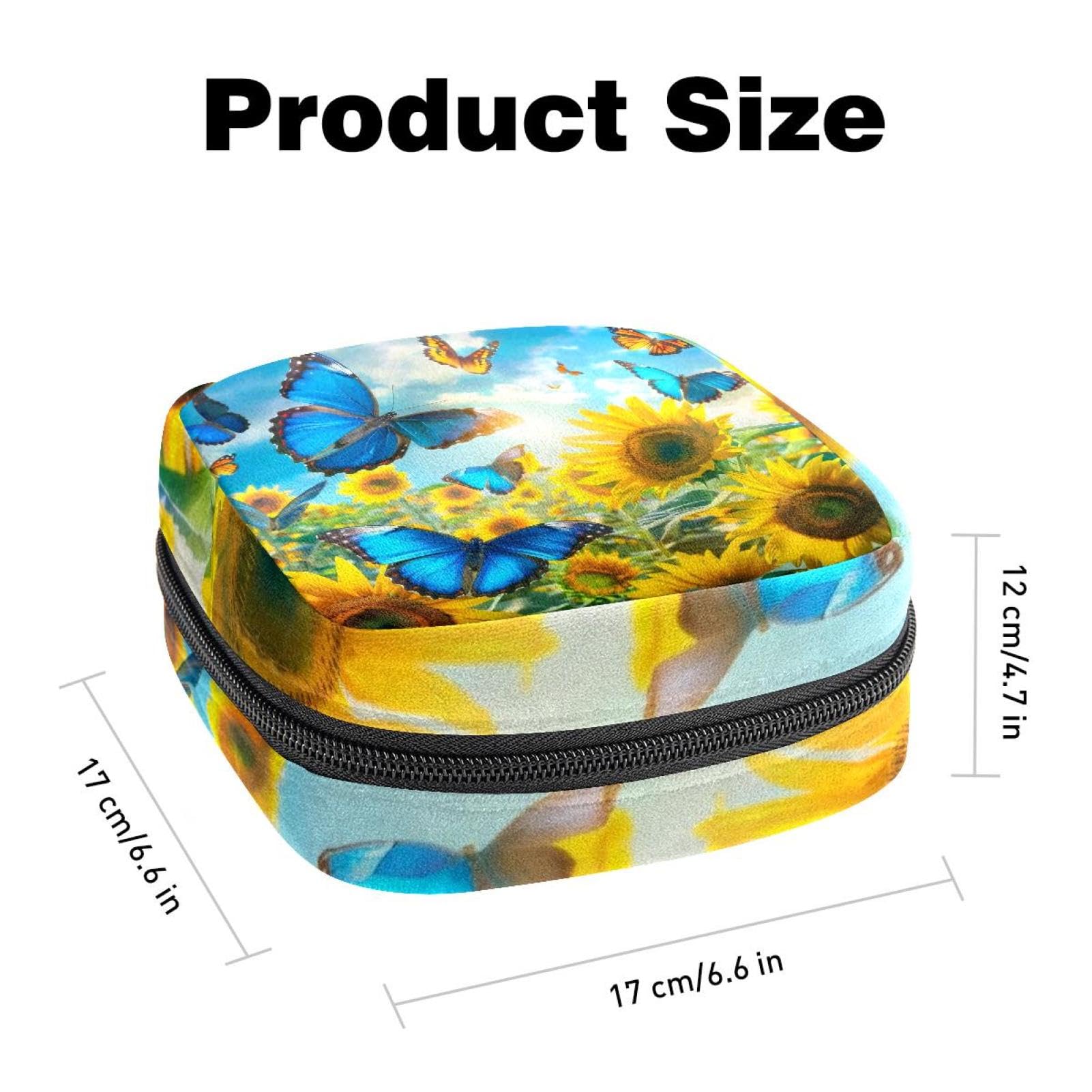 Sanitary Napkin Storage Bag for Women Cute, Feminine Menstruation Pad Holder for Period, Portable Zipper Menstrual Pad Bags Flying Butterflies Among The Sunflowers