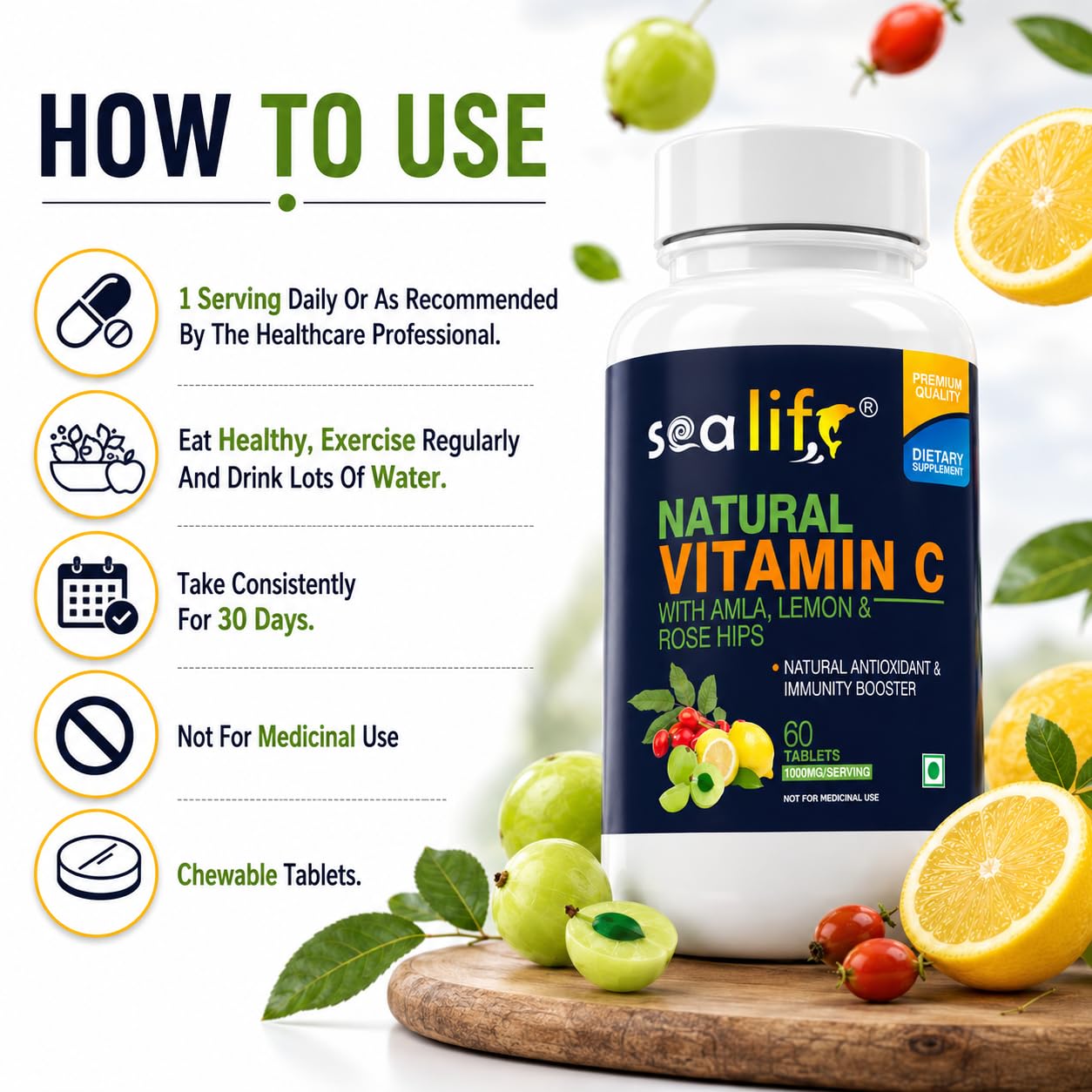 Sea Life Natural Vitamin C 1000 mg (60 Veg Tablets) sourced from 100% Natural Amla, Lemon & Rose Hips Extracts | Promotes Glowing Skin | Immunity Booster & Antioxidant | _Parent (Pack of-1) — Amazon image 4