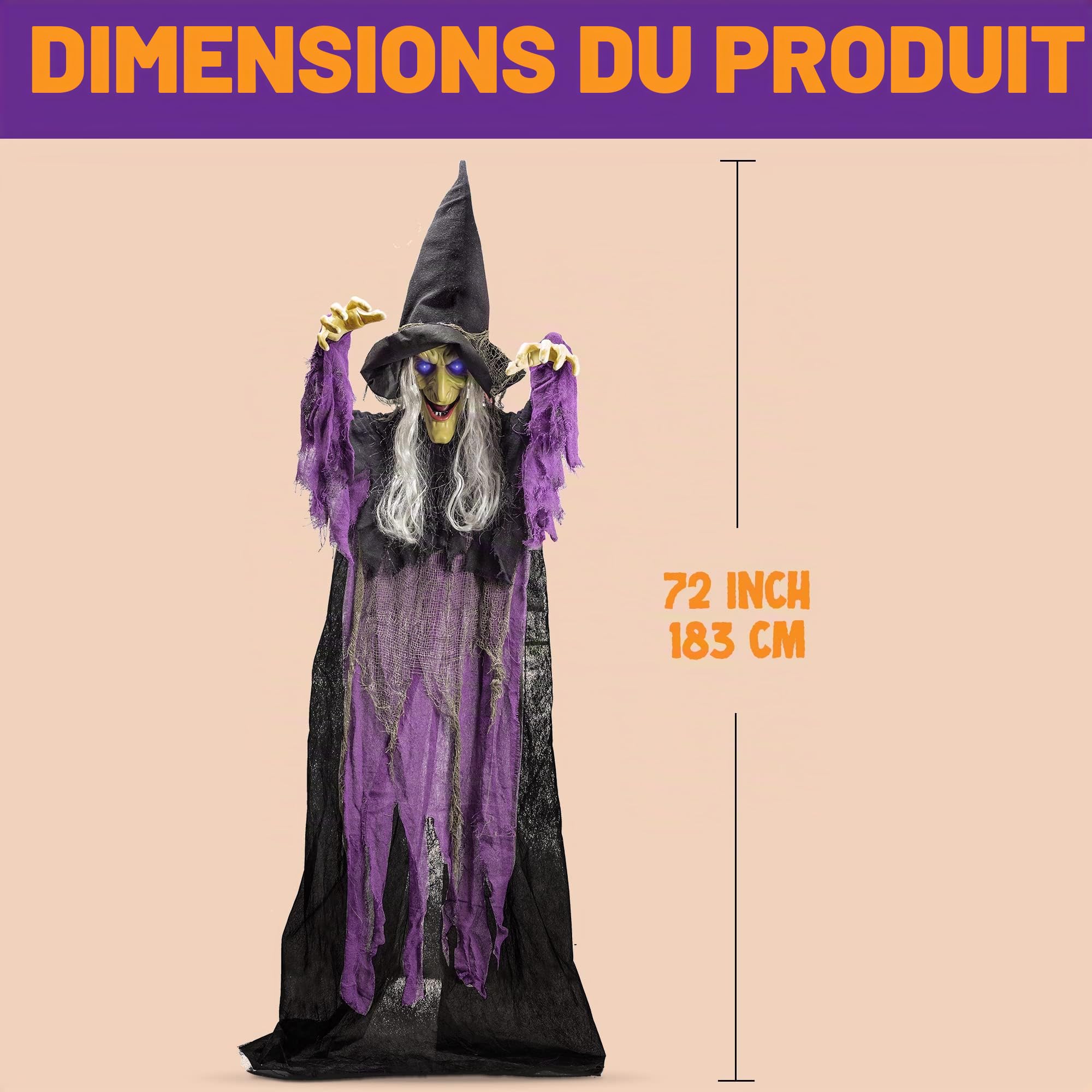 JOYIN Décoration de sorcière parlante animée à Suspendre avec Yeux Lumineux et Fonction d'activation sonore pour Halloween, décoration de Maison hantée,décoration de pelouse 182,9 cm