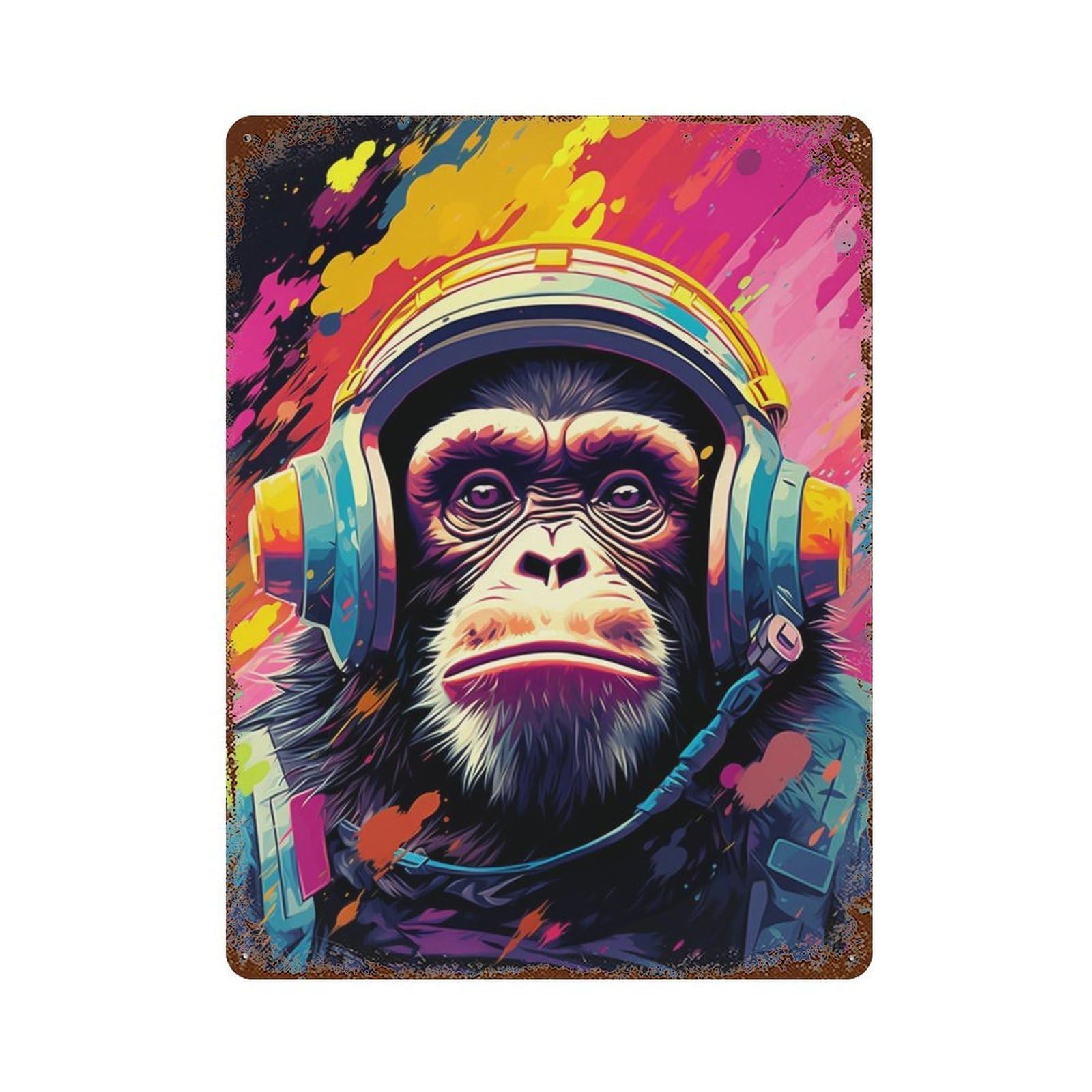 Garage Style Chimpanzee Astronaut Art Print Vintage Metal Tin Sign 15.7"x11.8", Classic Wall Plaque for Bar And Workshop