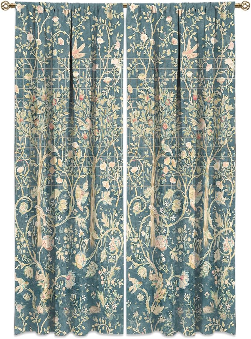 Watercolor Retro William Morris Floral Rod Pocket Blackout Curtain for Bedroom,Thermal Insulated Room Darkening Rustic Boho Spring Garden Leaves Bird Flower Window Treatment Drapes 63L x 21W 2 Panels
