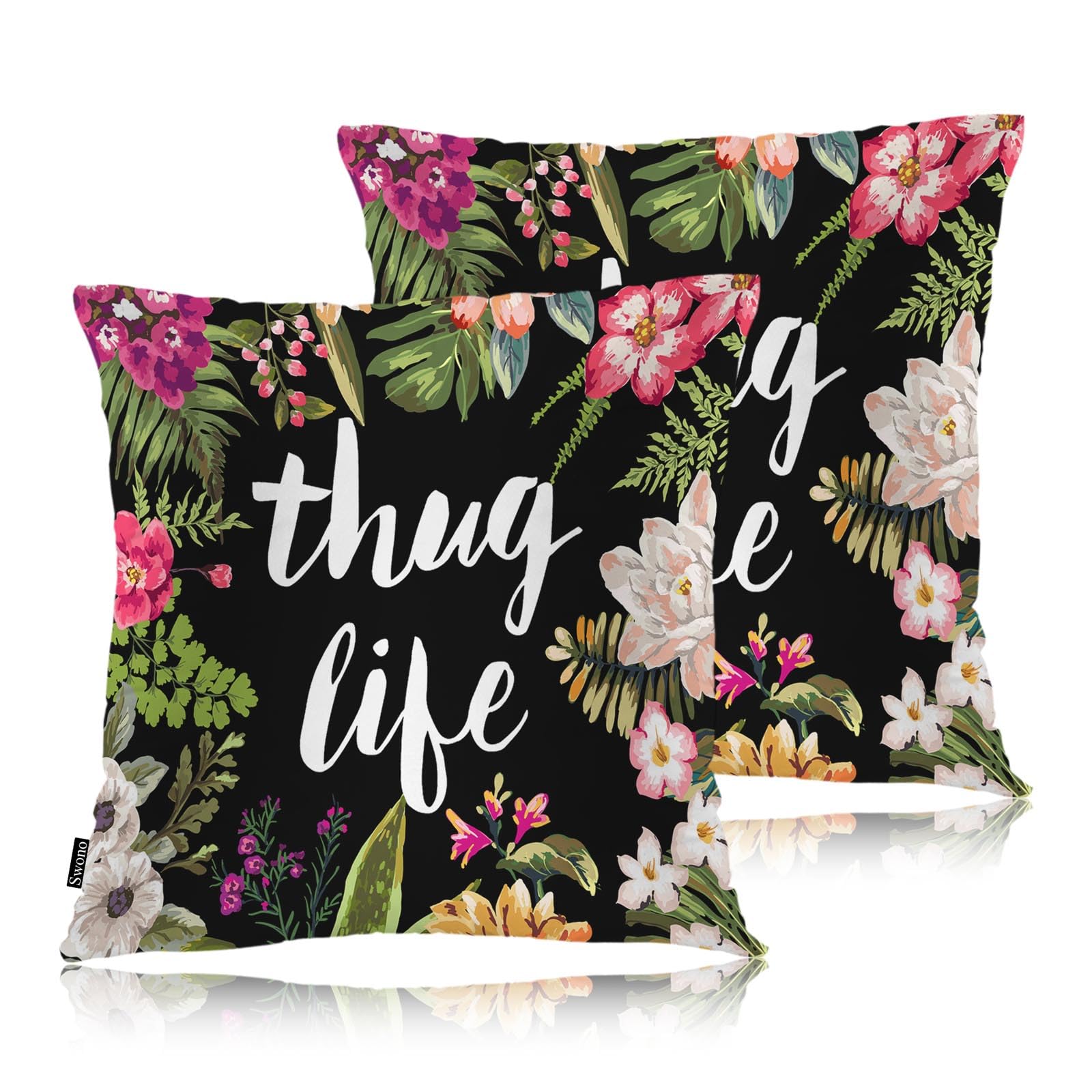 Swono Set of 2 Thug Life Pillow Covers 18 X 18 Inch, Tropical Flowers Rose Square Decorative Throw Pillow Covers for Sofa Couch Bed, Outdoor Indoor