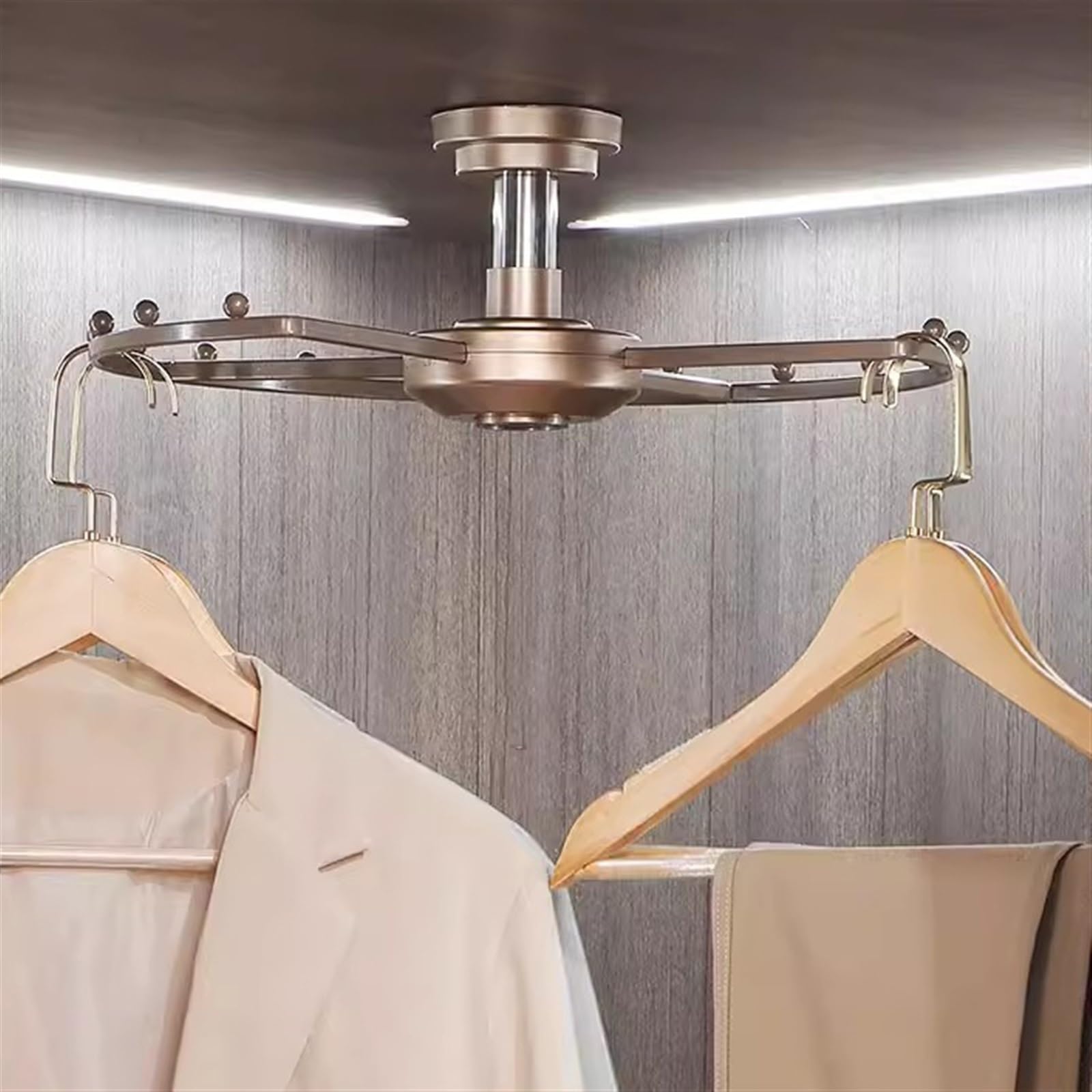 WDJBPSH 360° Rotating Corner Clothes Rack, Metal Round Closet Rod for Hanging Clothes, Large Capacity Cloakroom Wardrobes Hanger Bracket, Space Saving(Champagne color,Small)