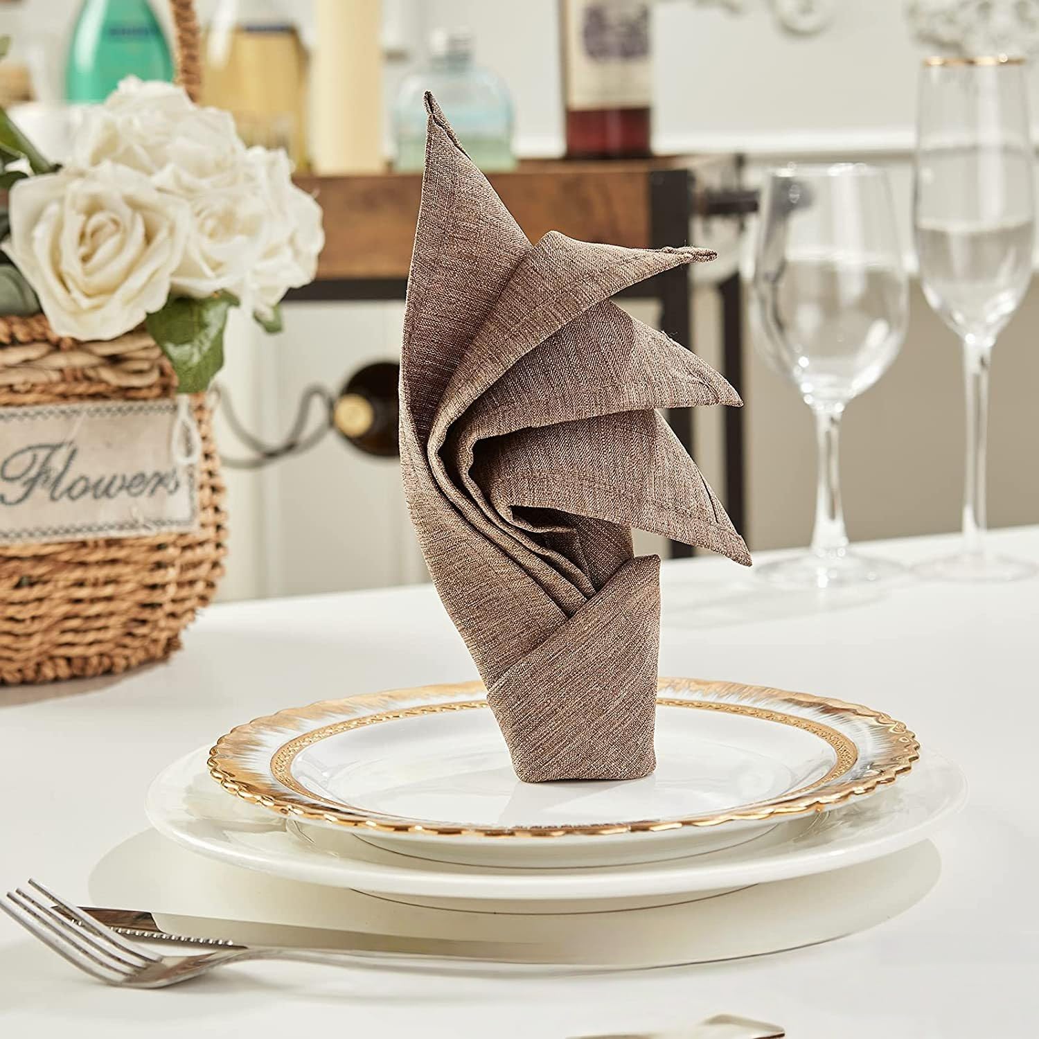 Tovaglioli Stoffa Eleganti Confezione Da 12 Tovaglioli Di Lino 43 * 43 Cm Strofinacci Da Cucina Tovaglie Panni Antipolvere Marroni