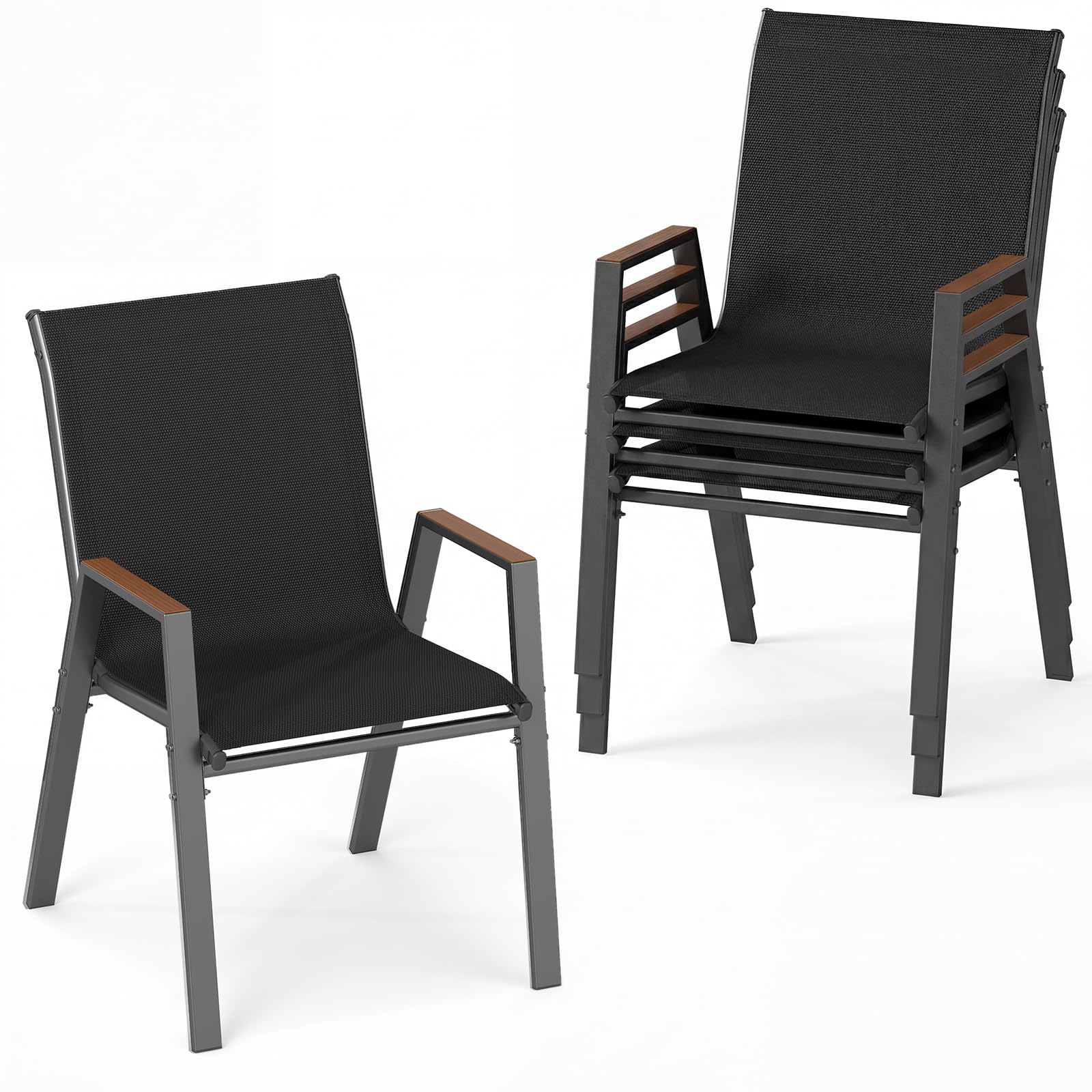 COSTWAY Stackable Garden Chairs Set of 2/4, Breathable Outdoor Dining Chairs with Backrests & Wood-plastic Armrests, Metal Frame Patio Chair for Poolside Backyard Balcony, 180kg Capacity (Black,4 pcs)