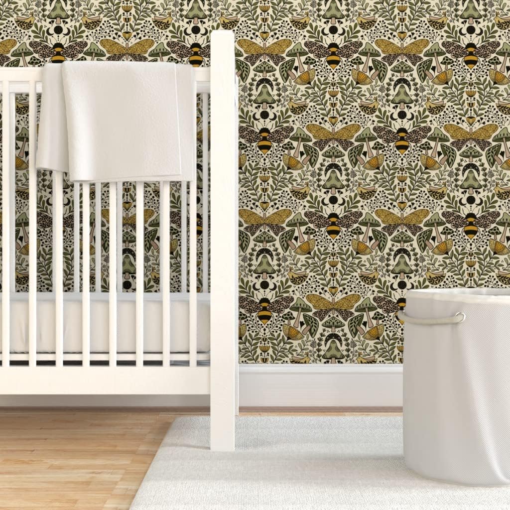 Removable Wallpaper 6ft x 2ft - Mushroom Botanical Art Nouveau Medium Scale Natural Habitat Bees and Moths Wildflowers Custom Pre-Pasted Wallpaper by Spoonflower