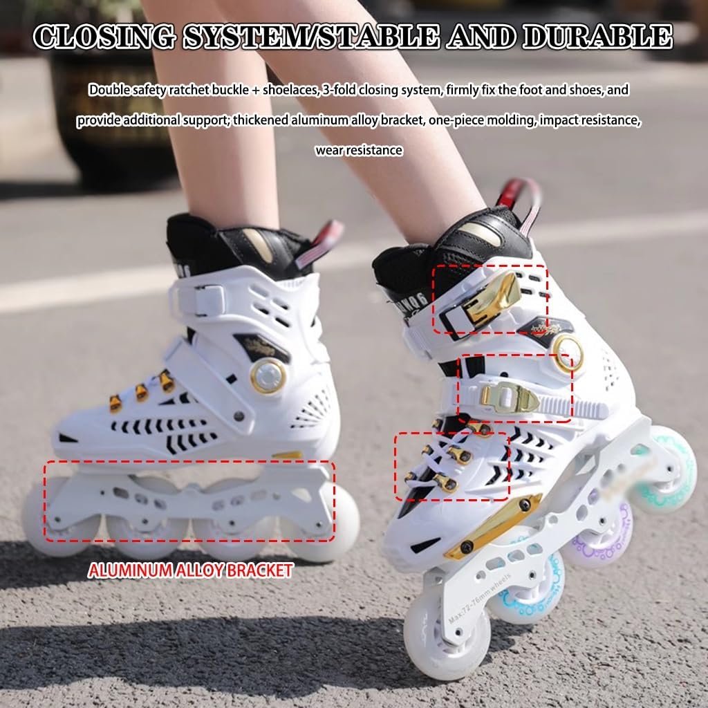 Skates High-Performance Racing Inline Skates, Fancy 8-Wheel Luminous Roller Skates Breathable Rink Skates, Entertainment for Beginners(White Gold,US-7)