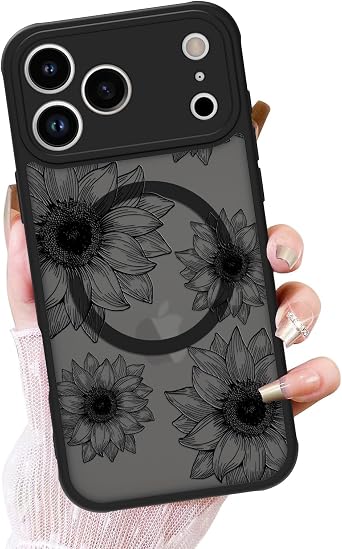 OOK Frosted Magnetic Case for iPhone 17 Pro Max, Black Sunflower Floral | Compatible with MagSafe, Cute Blooms Shockproof Cover for Women & Girls