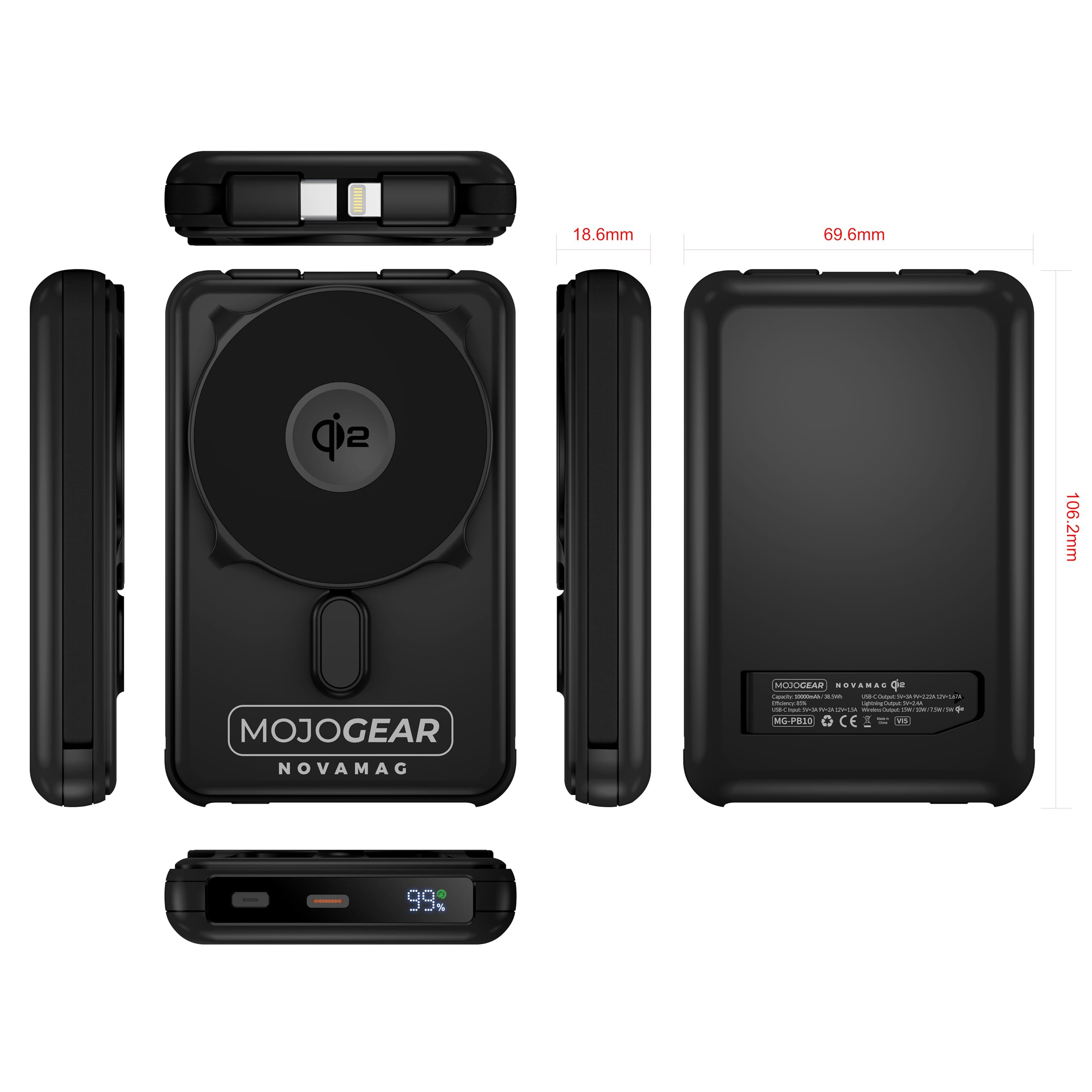 MOJOGEAR NovaMag Batterie externe tout-en-1 10 000 mAh – Charge sans fil Qi2 ultra rapide – Avec câble USB-C et Lightning – Compatible avec iPhone et Samsung – Chargeur Mag Safe – Indicateur LED
