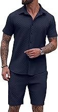 QIXING Mens 2 Piece Summer Sets Shirt and Shorts Set Casual Co Ord Outfit Knit Textured Matching Short Sets for Beach Vacation