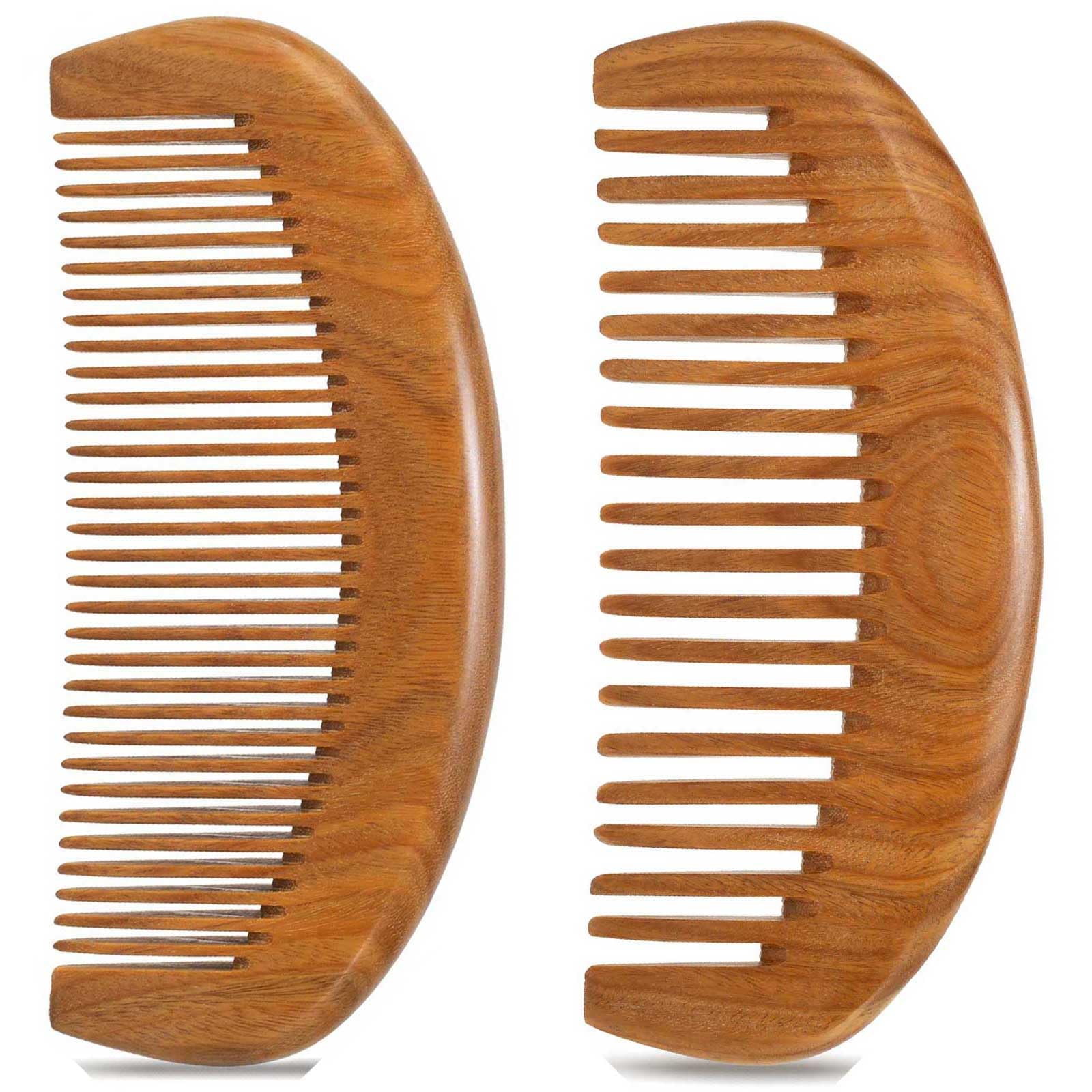 Moreinday 2 Pack Wooden Comb, Wide Tooth Comb for Wavy Hair, Fine Tooth for Beard and Thin Hair - Green Sandalwood