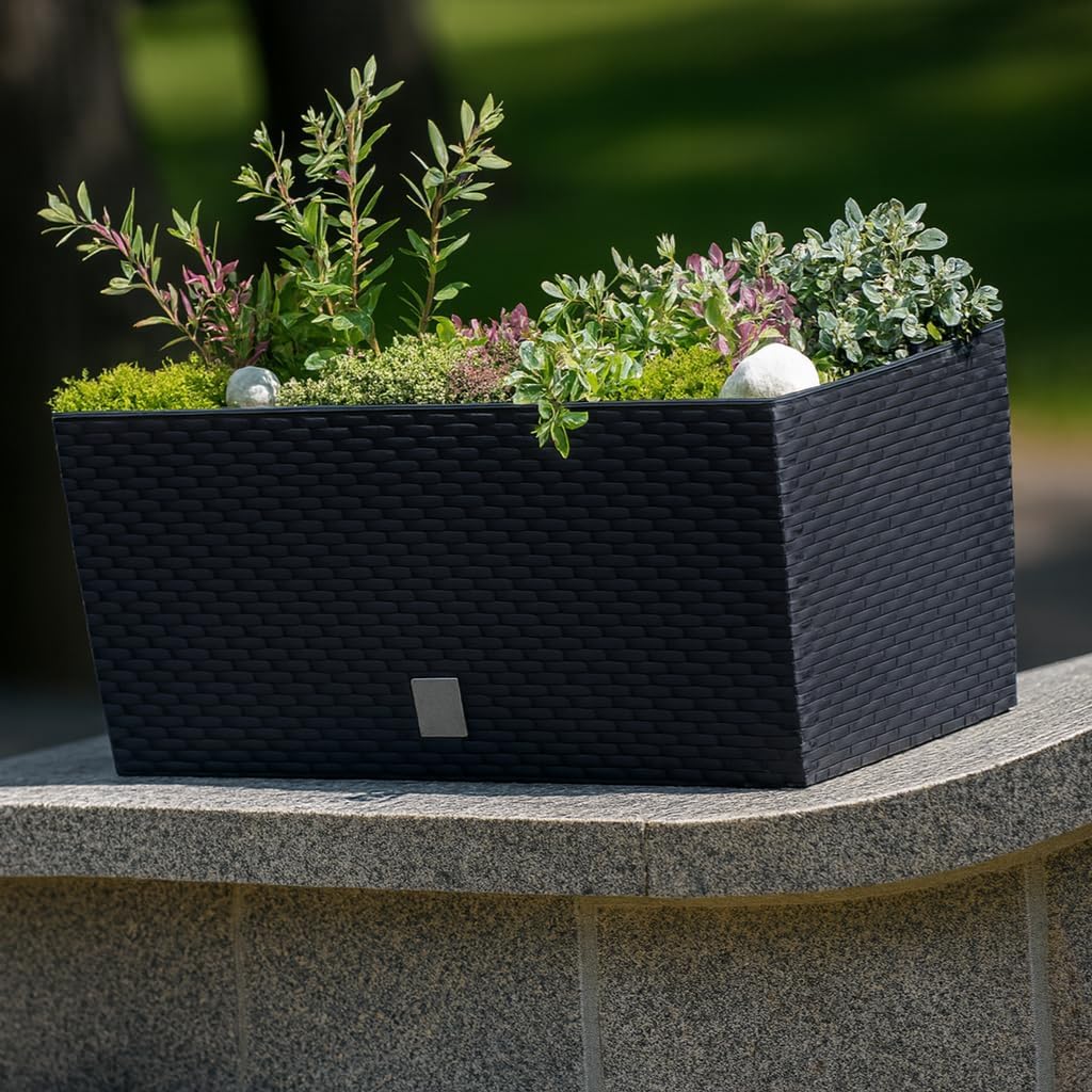 BirnePower Jardinière de Balcon avec Système d'Irrigation, Bac à Plantes Rectangulaire Aspect Rotin, Réservoir d'eau et Indicateur de Niveau, Résistant aux UV, 60 cm, Anthracite
