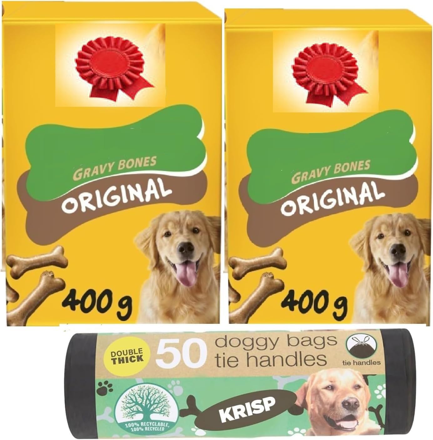 Gravy Bones Dog Treats 400g x 2 with 50 KRISP Doggy Poo Bags, Crunchy Biscuits, Training & Reward Bundle
