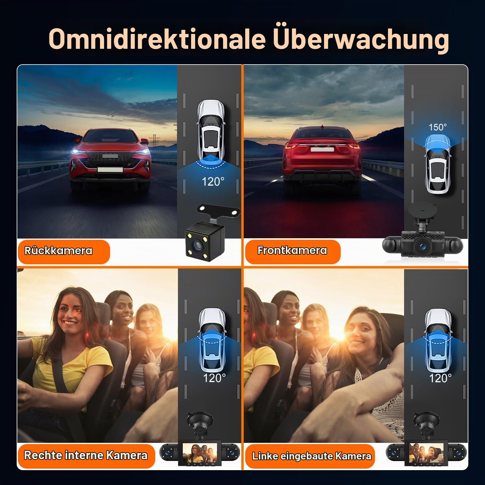 Mirror Dash Cam 4 Channel Front Rear, 3 inch Rückspiegel Kamera mit 64GB Karte/G-Sensor/Parking Monitoring/Night Vision/24H Parking Mode + Waterproof 1080P Rear Camera