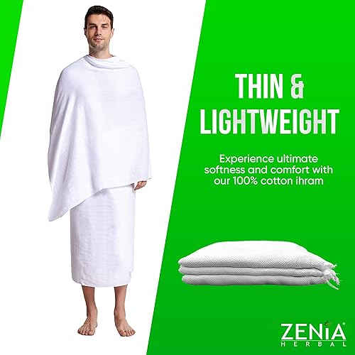Miniatura 3 de Zenia Paño 100% algodón Ihram (Ahram/Ehram) para Hajj y Umrah – Paño de algodón fino ligero – 1.8 libras – 46 pulgadas x 92 pulgadas