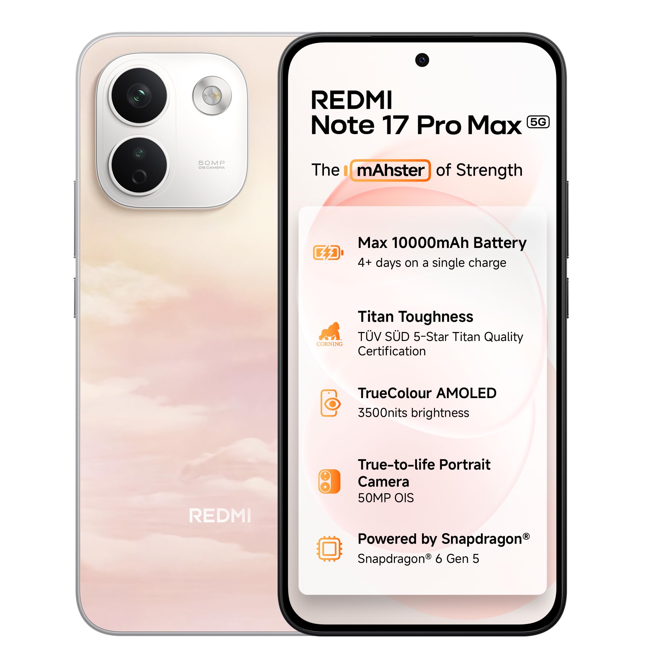 Redmi Note 17 Pro Max 5G (Secret Sunrise, 8GB RAM, 256GB ROM) | 10000mAh Battery + 100W HyperCharge | 6.83" 120Hz 12-bit TrueColour AMOLED | No. 1 Care Plan | SD 6 Gen 5 | 50MP OIS Camera | IP69K — image 1 of 7