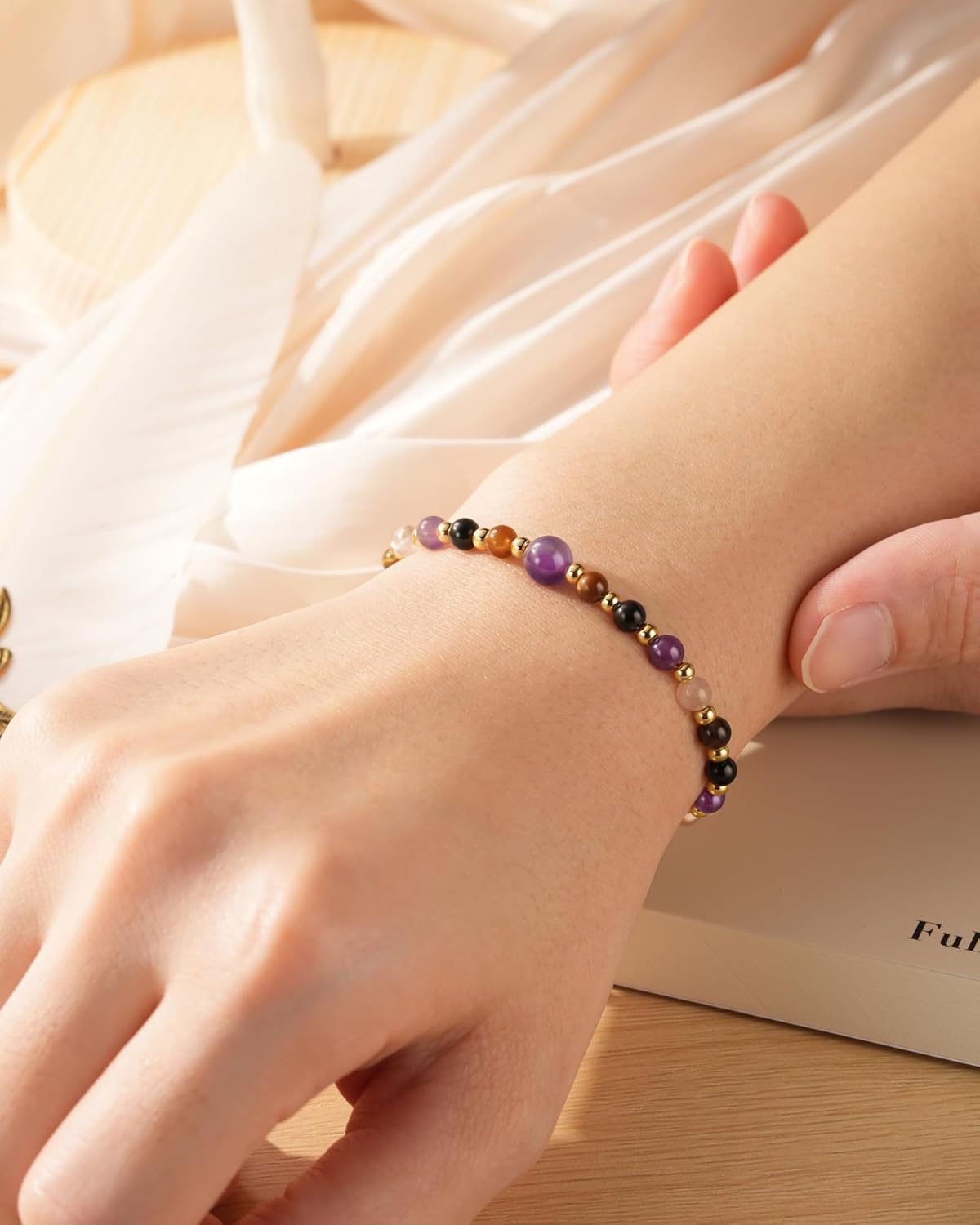 HGDEER Natural Crystal Healing Bracelet for Women - Amethyst Tiger Eye Black Tourmaline Clear Quartz - Anxiety Relief Gemstone Jewelry with Blessing Card - Image 2