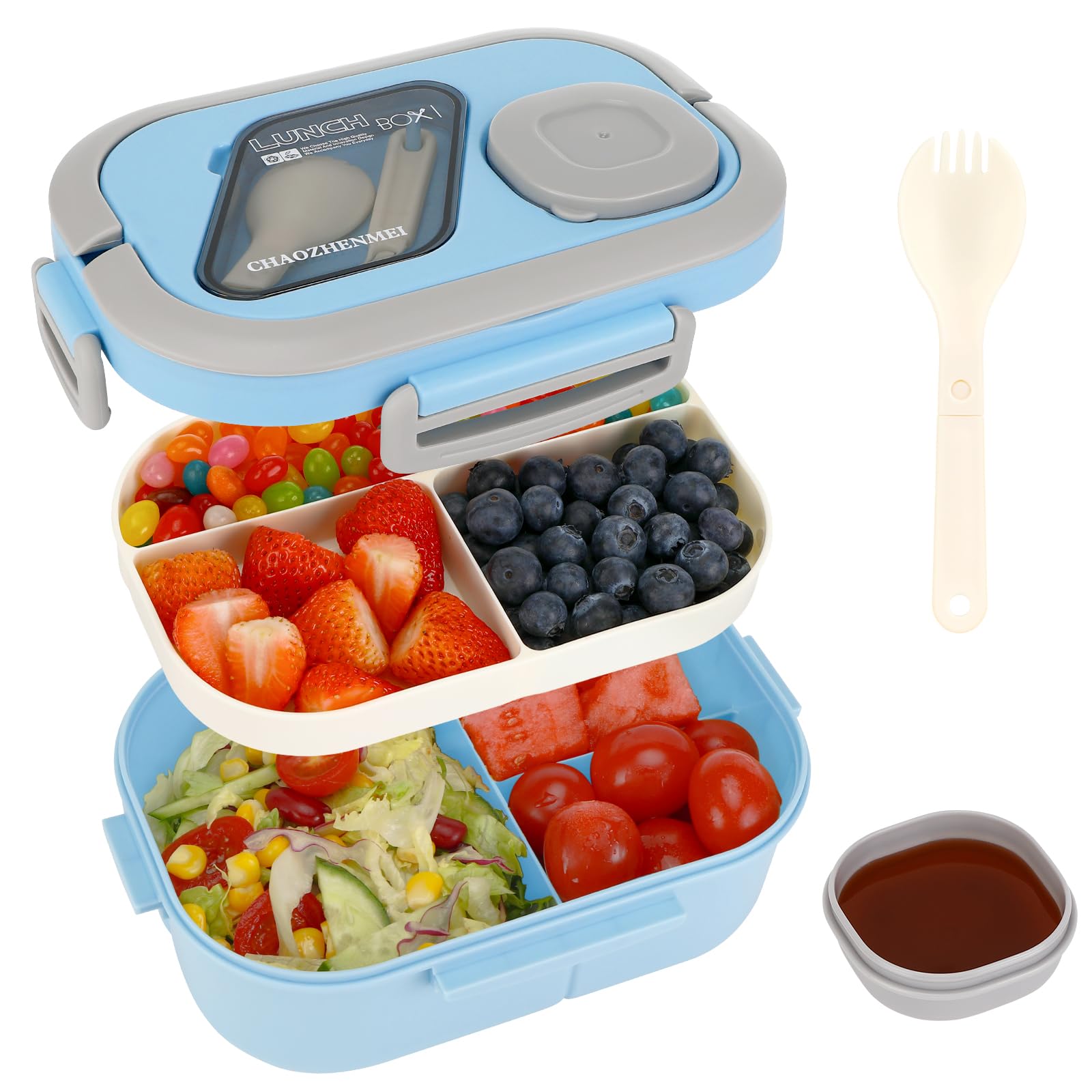 Bento - Contenitore per il pranzo a prova di perdite, per bambini e adulti, con 3 scomparti e set di posate, senza BPA, adatto al microonde e alla lavastoviglie (grigio-bianco