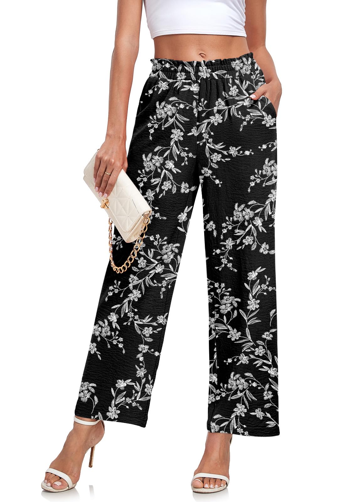 Anydeer Women Pants Loose Wide Leg Trousers Straight Casual Dressy Palazzo Ruffle High Waist Slacks with Pockets