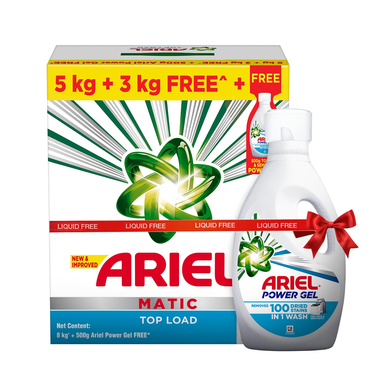 Ariel Matic Detergent Powder Top Load - 5kg + 3kg + 500g Liquid free | Removes 100 Tough Stains in 1 wash | Specially Designed for Washing Machines | Fresh Fragrance