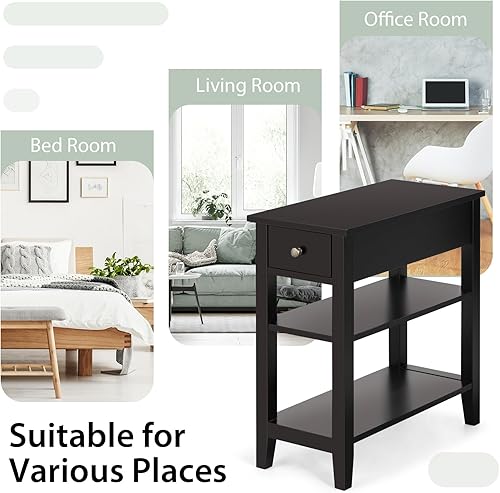 Miniatura 6 de POWERSTONE Juego de 2 mesas auxiliares con cajón de almacenamiento y estante de 2 niveles, estantería de mesa auxiliar de 23.6 pulgadas para