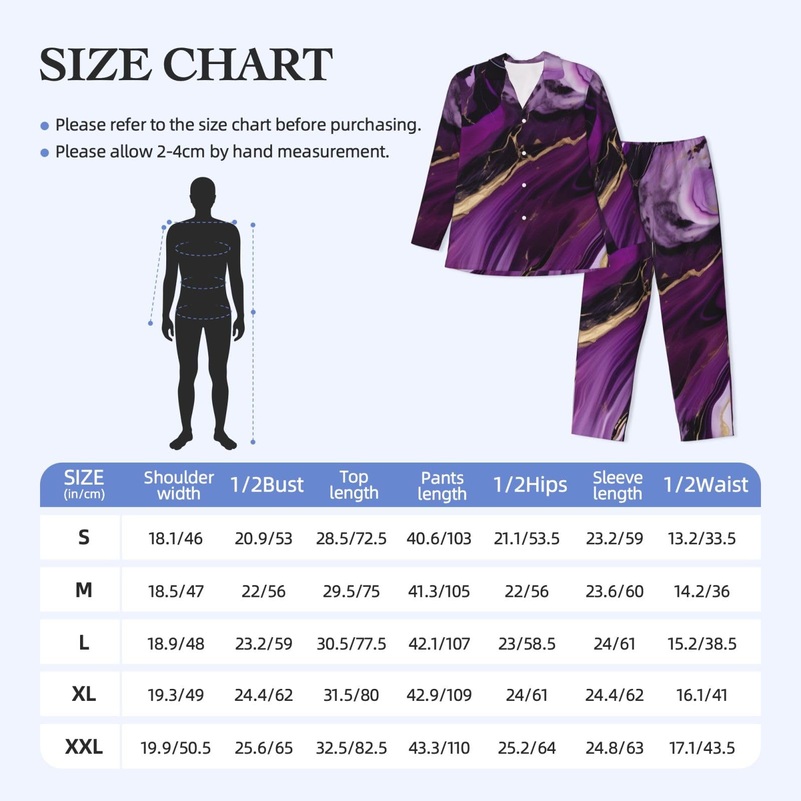 Set pigiama a maniche lunghe da uomo in marmo con texture viola scuro 1 stampa set pigiama da notte in due pezzi abbigliamento da notte traspirante